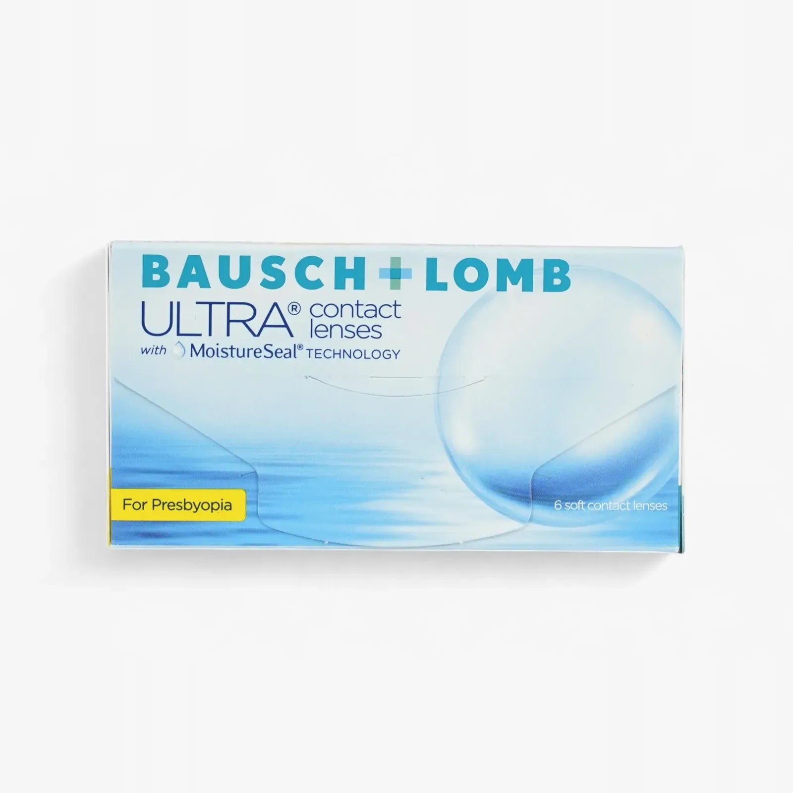 Ultra For Presbyopia - 6 Pk contact lenses in a blue and white box feature a large lens image and yellow text, designed for presbyopia correction with MoistureSeal Technology.
