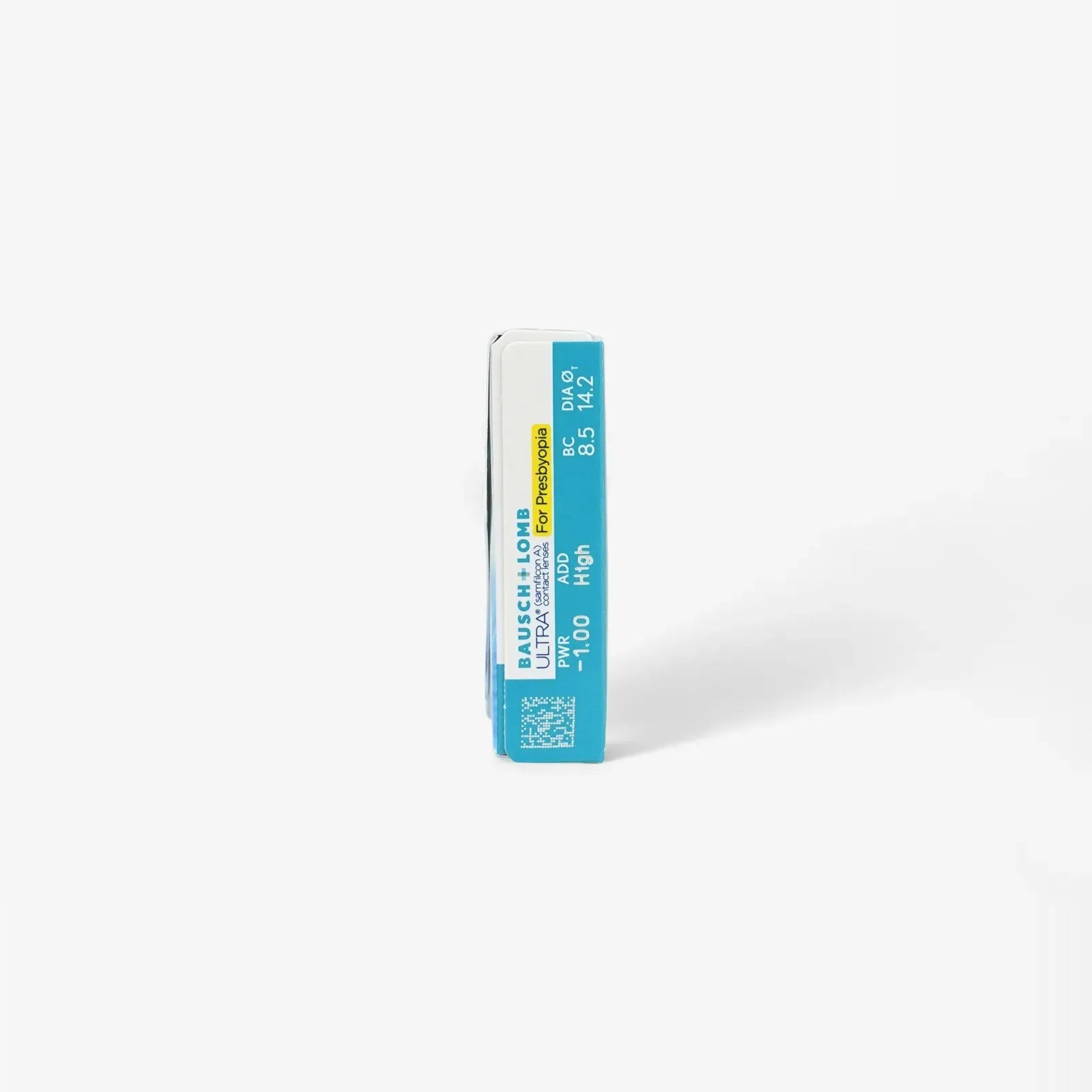 A blue and white box of Ultra For Presbyopia - 6 Pk contact lenses stands upright, showing product details like power, base curve, and diameter on the side.