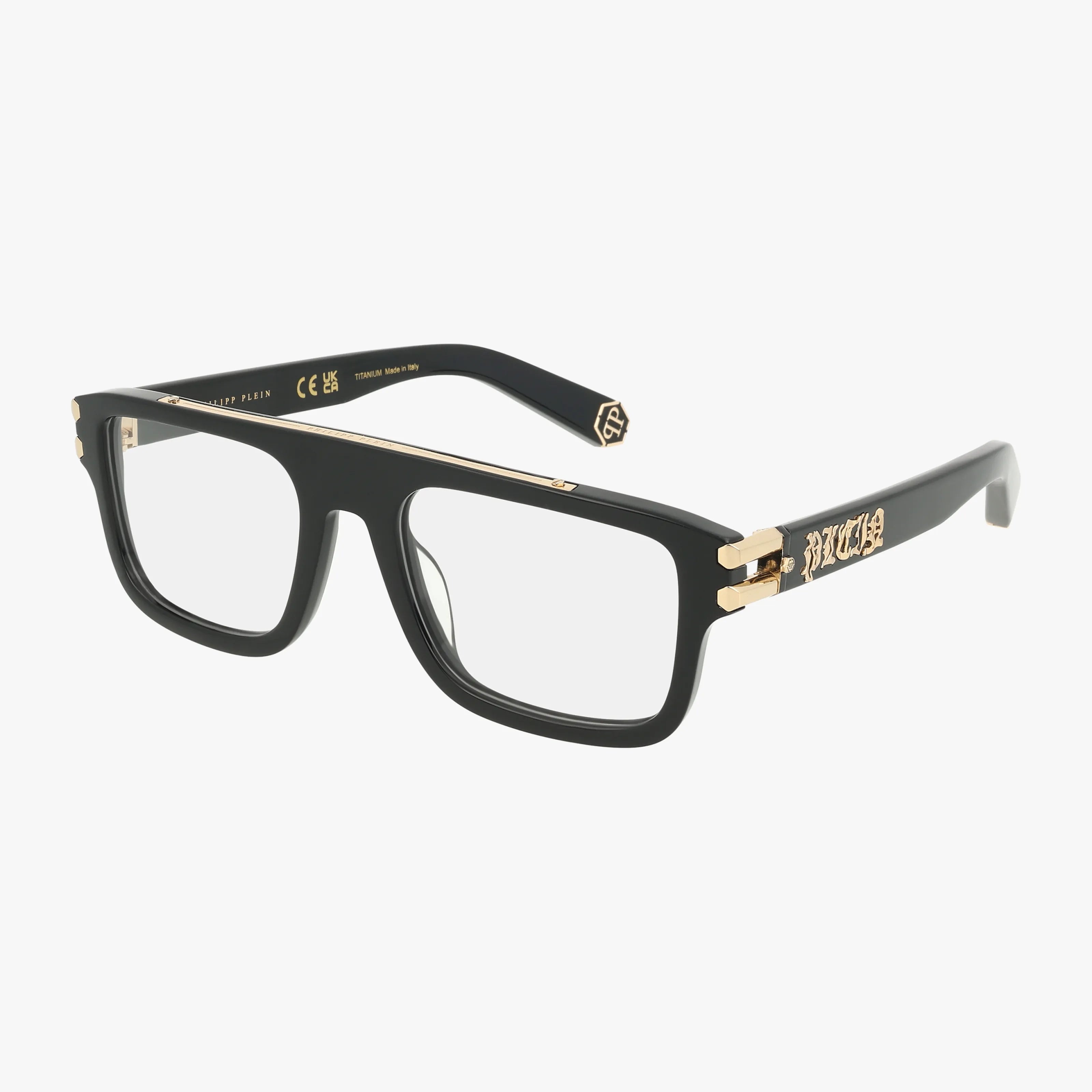 The VPP021V features black rectangular frames with gold accents and decorative gold detailing on the temples, including "Plein." These eyeglasses offer a bold, stylish design.