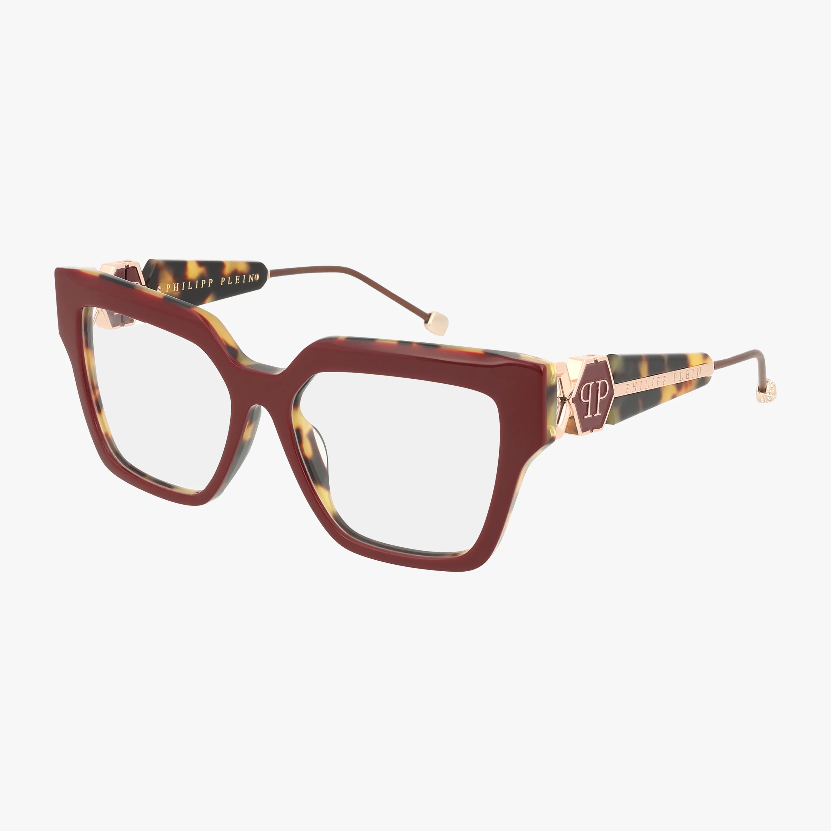 VPP165S square eyeglasses feature a bold red and tortoiseshell frame with gold accents and a decorative logo on the temples, shown against a white background.