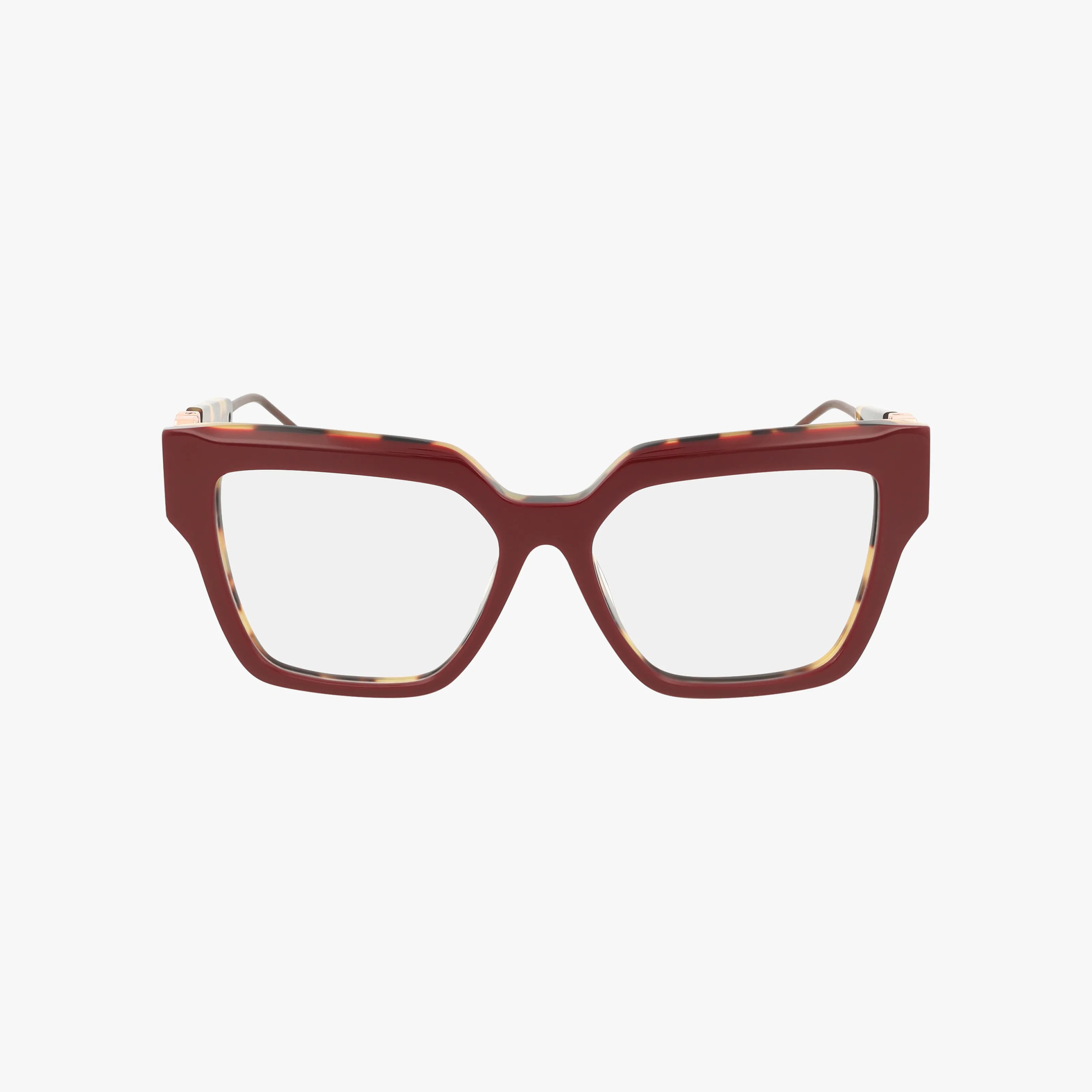 The VPP165S eyeglasses feature thick, geometric maroon frames with clear lenses, shown against a plain white background.