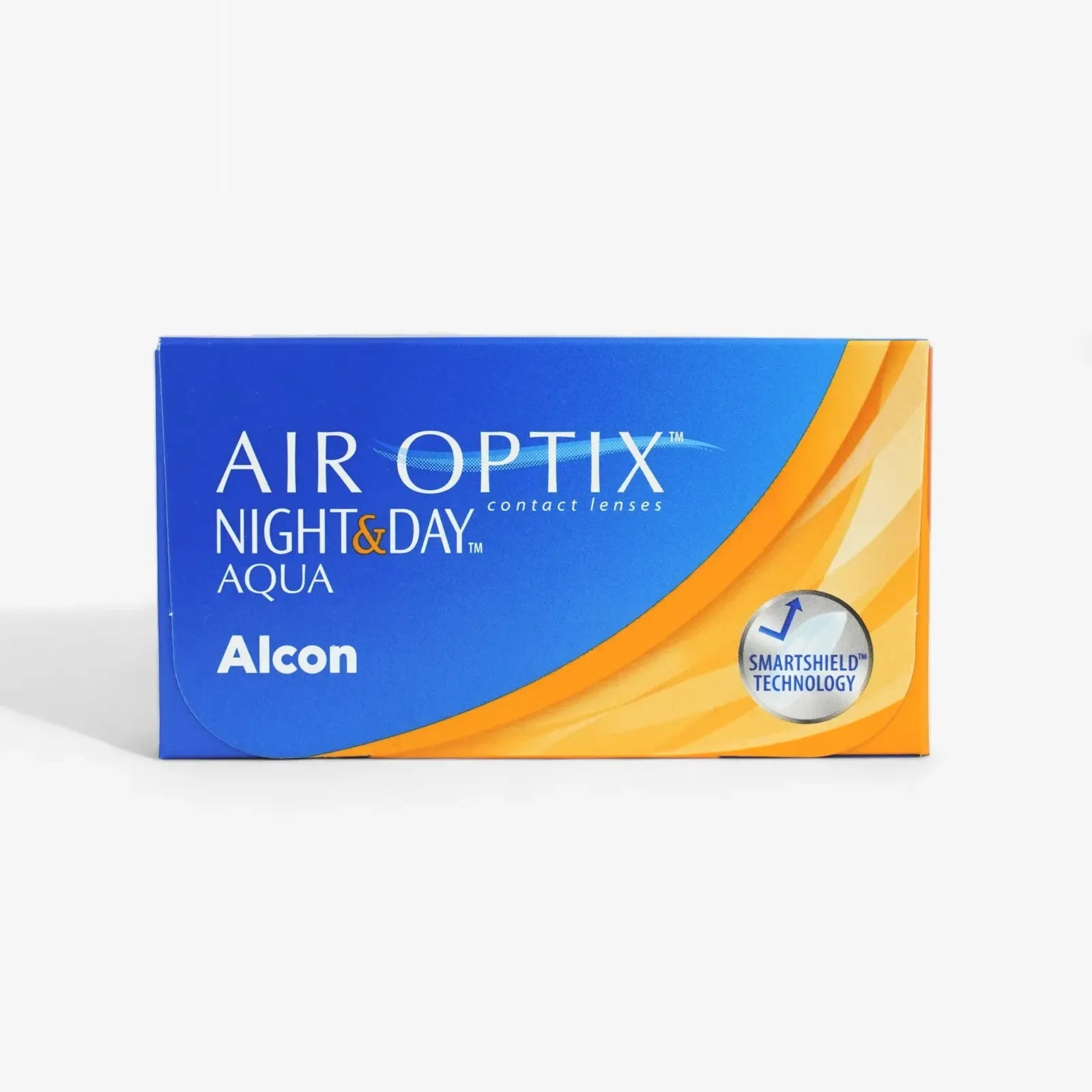 A blue and orange box of Air Optix Night & Day - 6 Pack extended wear contact lenses, featuring the SmartShield Technology logo on the front.