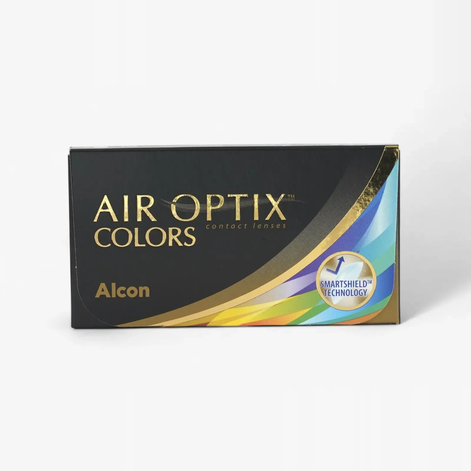 A black and gold box of Air Optix Aqua Colors - 6 Pack by Alcon, featuring a rainbow stripe and a blue seal on the lower right corner highlighting SmartShield Technology for breathable comfort.