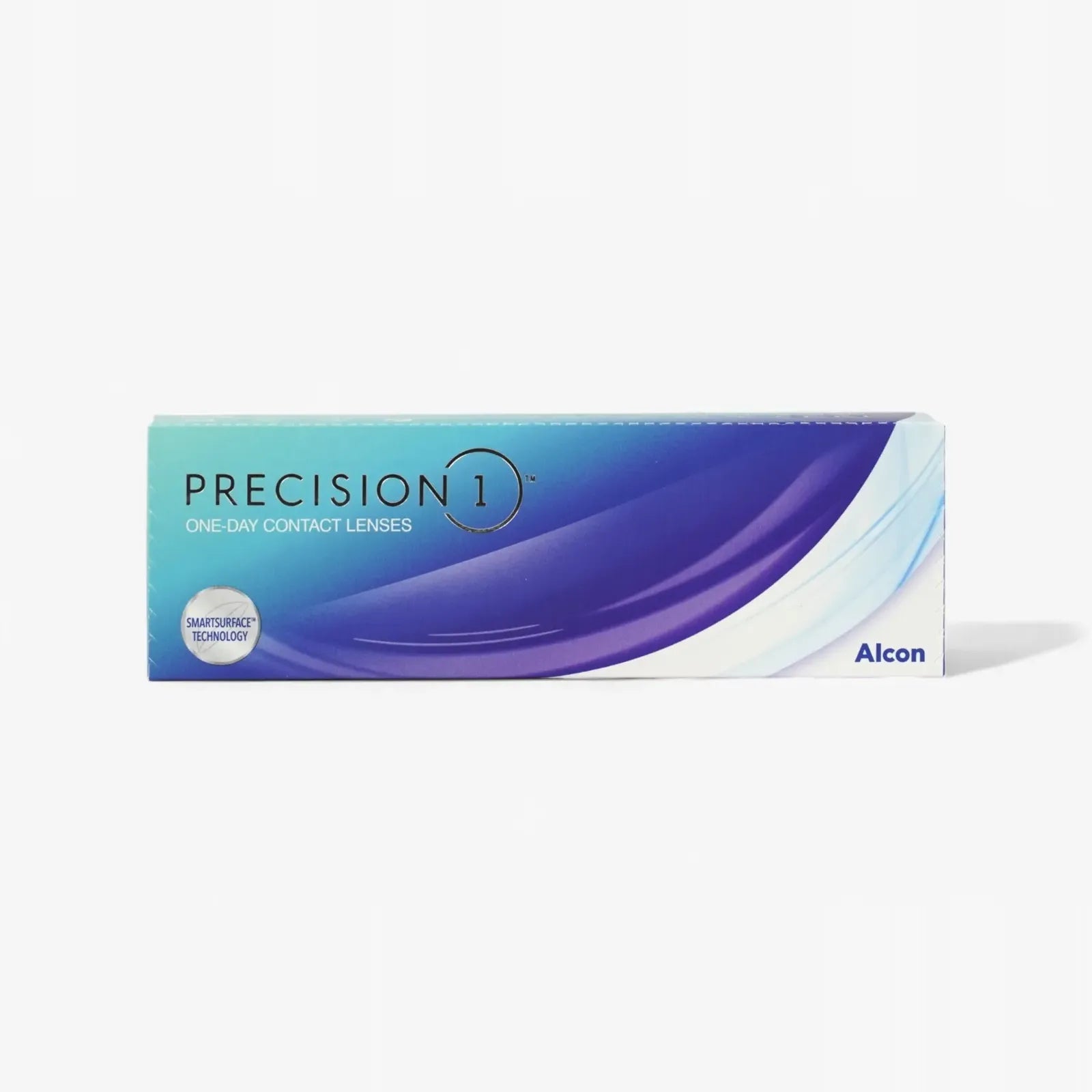 A blue and white box of Precision 1 - 30 Pk daily contact lenses by Alcon, with SMARTSURFACE Technology, a curved design, and the manufacturers logo on the front.