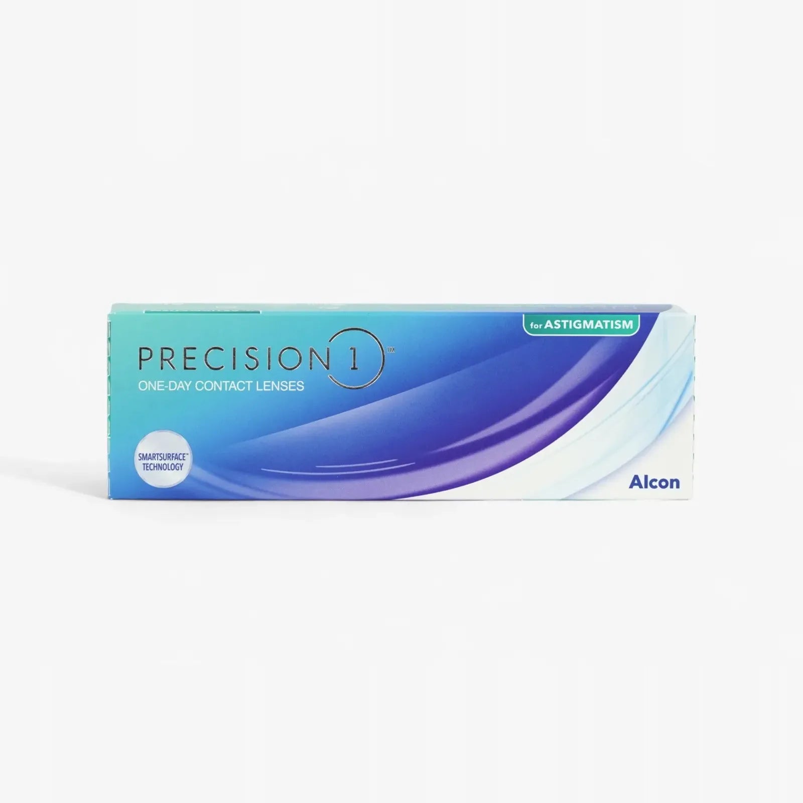 A rectangular box of Precision 1 For Astig - 30Pk daily disposable contact lenses by Alcon, featuring a blue and teal gradient with white accents and labeled with SMARTSURFACE Technology.