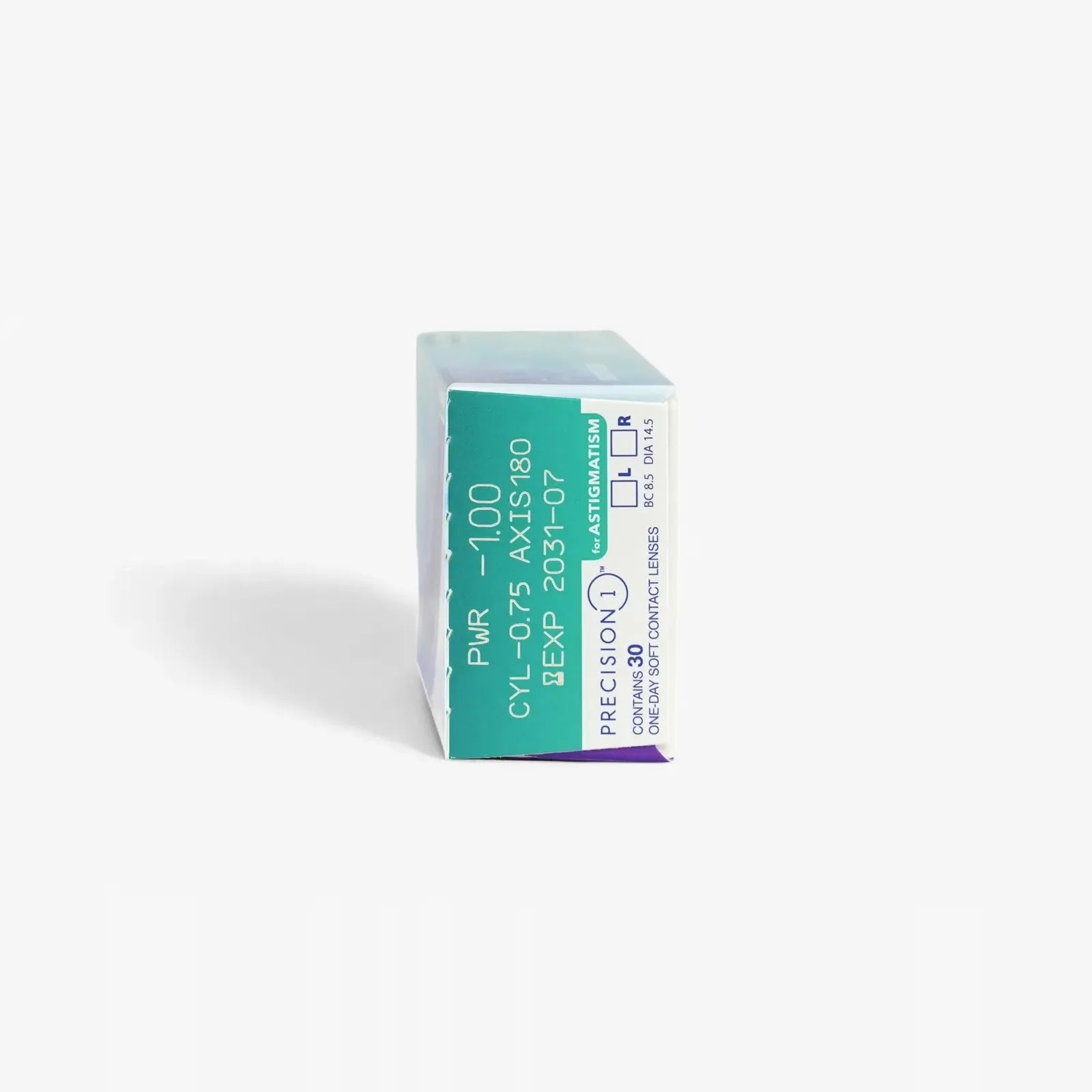 Precision 1 For Astig - 30Pk daily disposables for the left eye, SMARTSURFACE Tech, specs: PWR -1.00, CYL -0.75, AXIS 180, EXP 2025-07-31.