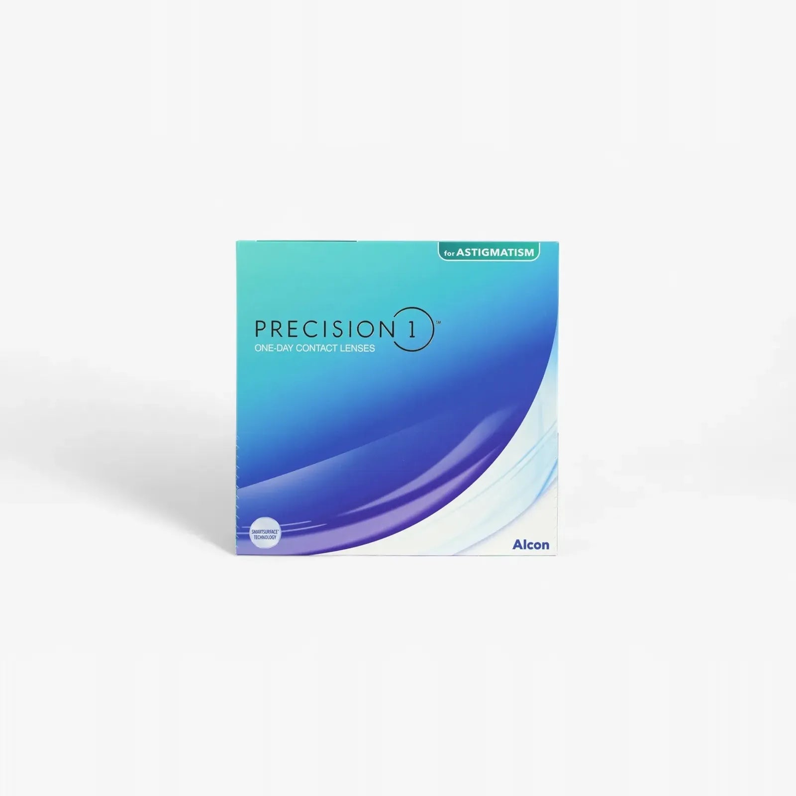 A 90-pack of Precision 1 For Astig daily disposable contact lenses by Alcon, featuring a blue and turquoise gradient box with white text and advanced SMARTSURFACE Technology.