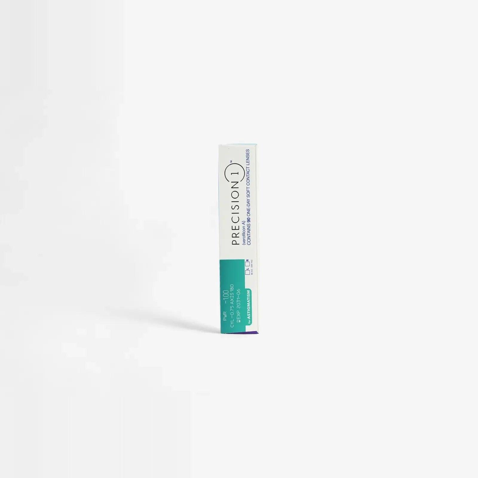 A box of Precision 1 For Astig - 90Pk daily contact lenses stands upright on a white background, with teal and purple accents highlighting the packaging featuring SMARTSURFACE Technology.