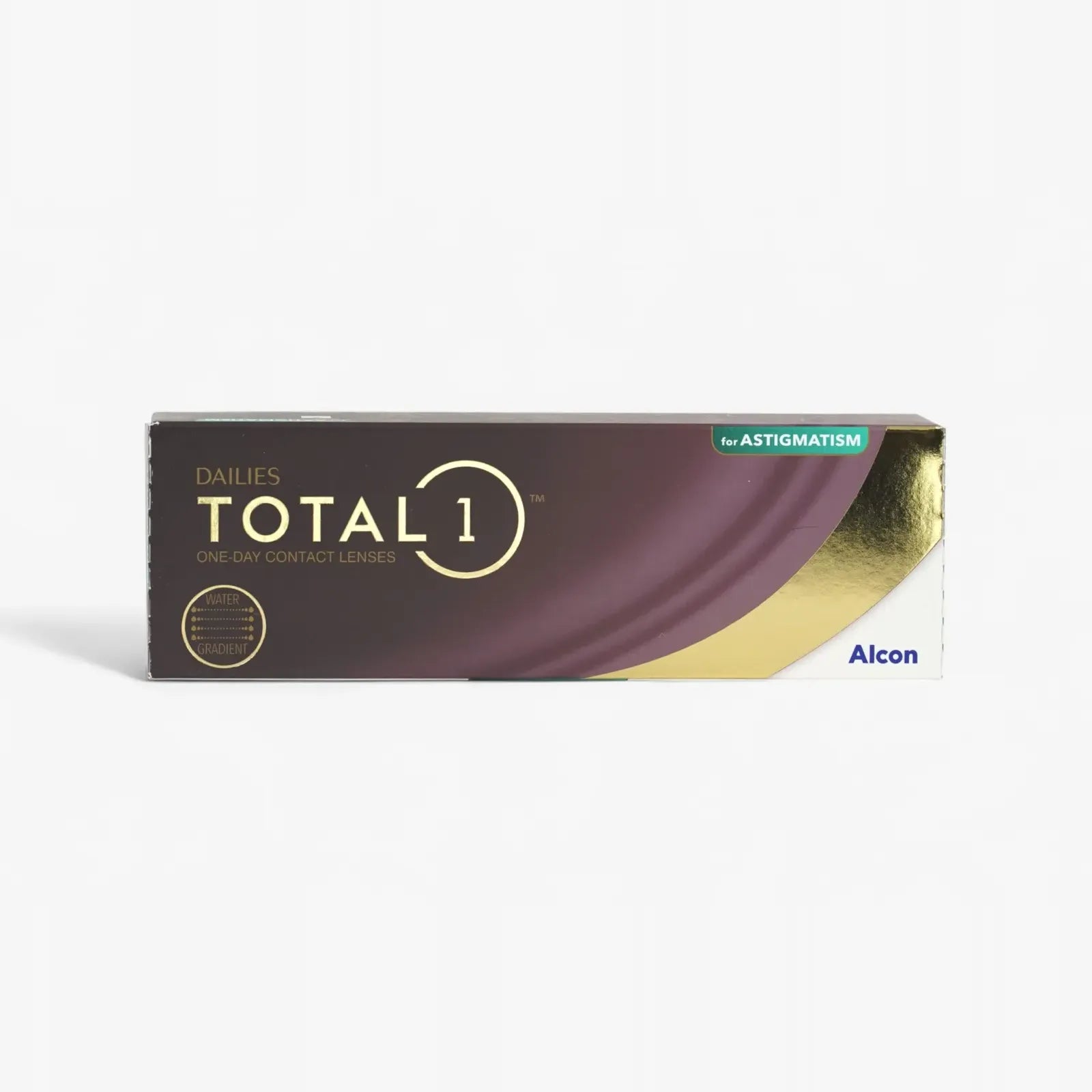 A 30-pack of Dailies Total 1 For Astig contact lenses by Alcon, featuring a water gradient design in a stylish brown and gold box with product branding on the front.