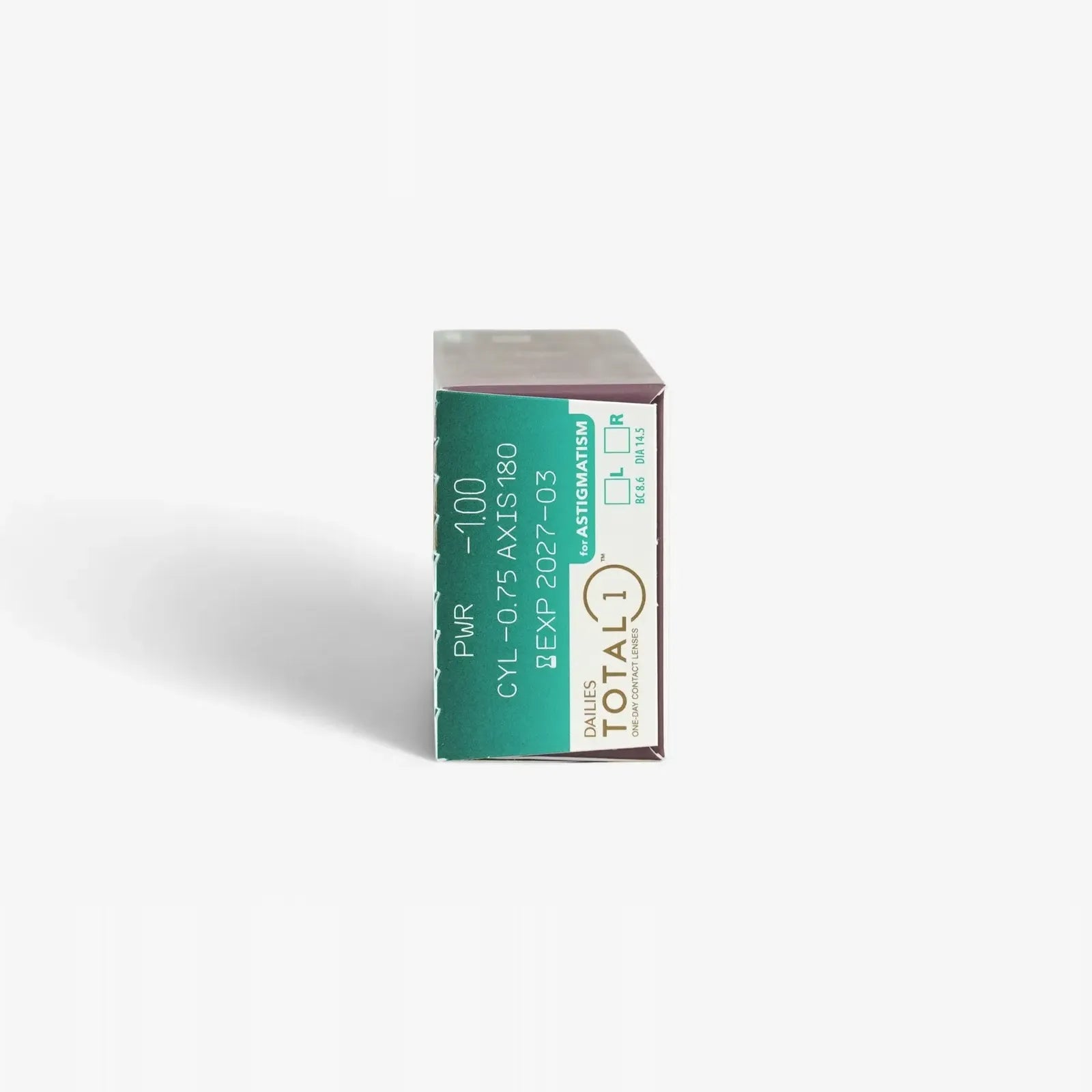 A side view of a Dailies Total 1 For Astig - 30 Pk box, showing prescription info (-1.00 power, -0.75 cylinder, -1.80 axis), expiration and lot numbers, plus the water gradient lens design.