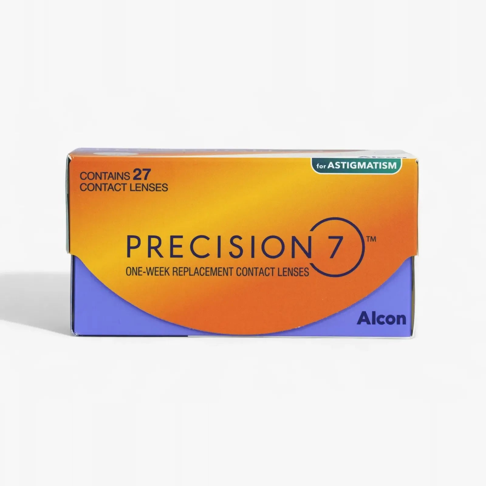 A 27-pack of Precision 7 For Astigmatism contact lenses by Alcon, with SMARTSURFACE Technology, in an orange and purple box.