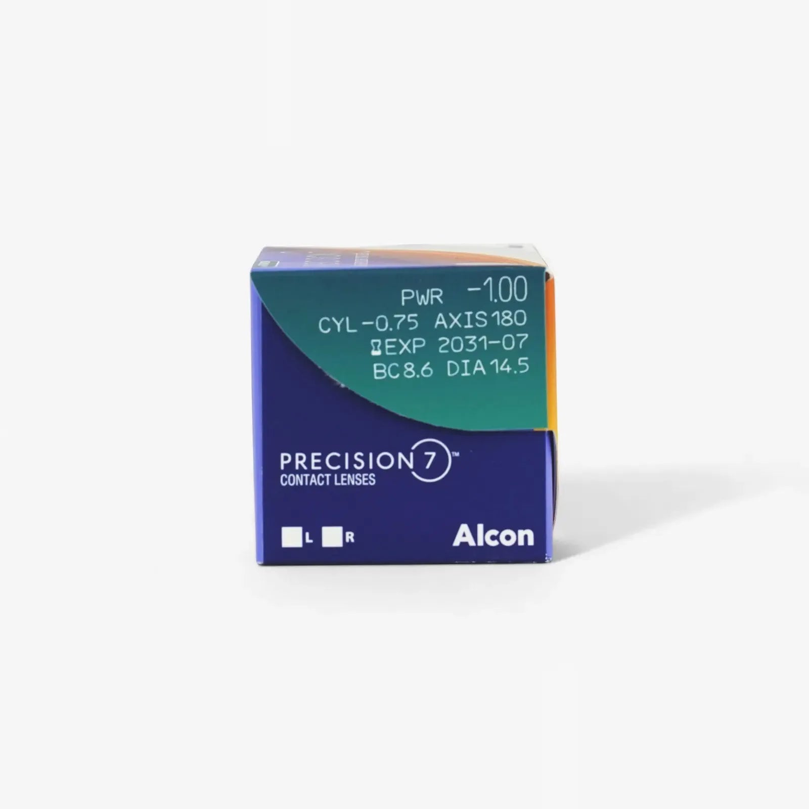 A 27-pack of Precision 7 For Astigmatism daily disposable lenses, with SMARTSURFACE Tech by Alcon; specs: PWR -1.00, CYL -0.75, AXIS 180, exp 2031-07, BC 8.6, DIA 14.5, L/R indicators—premium comfort for astigmatism.