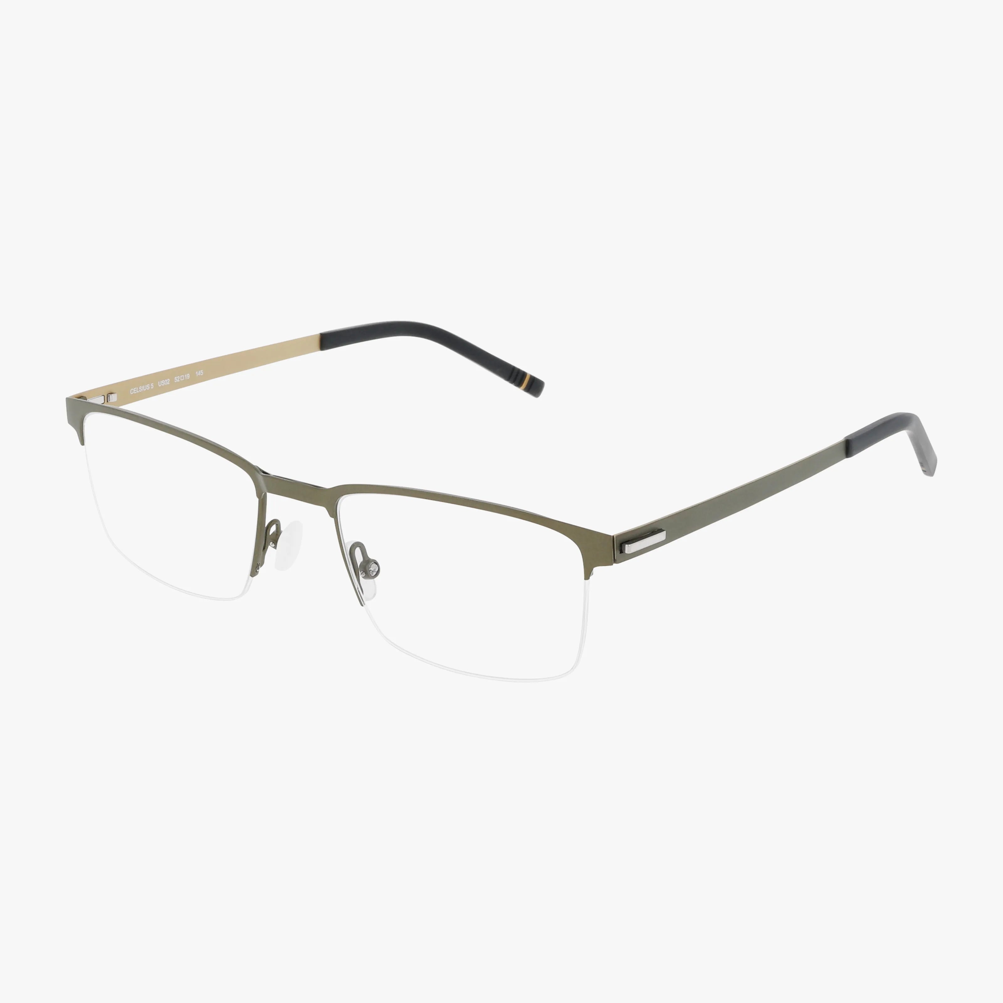 The CELSIUS 5 features semi-rimless, olive green metal frames with adjustable nose pads and slim temples accented by black and gold tips. These durable, stylish glasses are displayed on a white background.