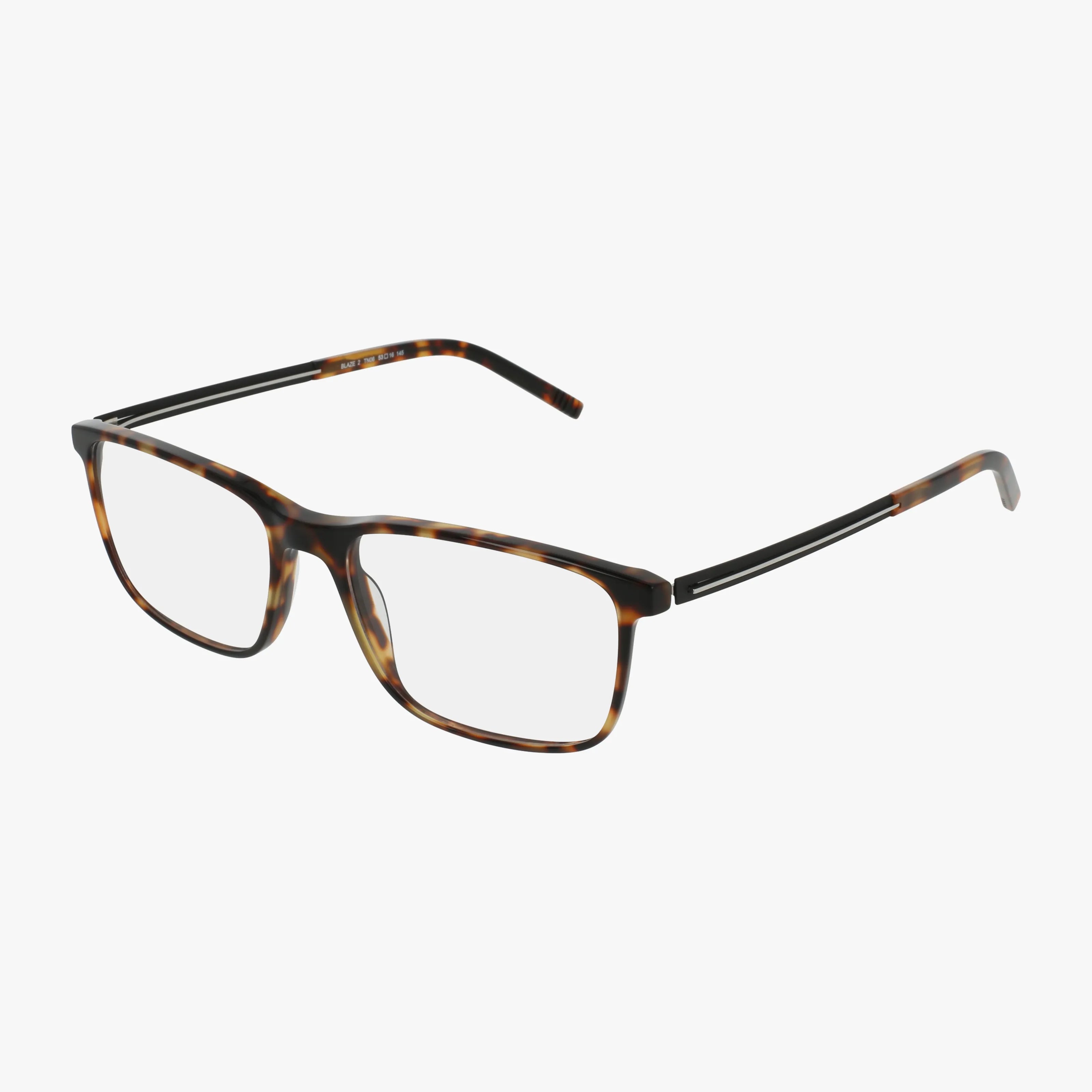 BLAZE 2 rectangular eyeglasses in tortoiseshell with thin arms and clear lenses, showcased on a white background.