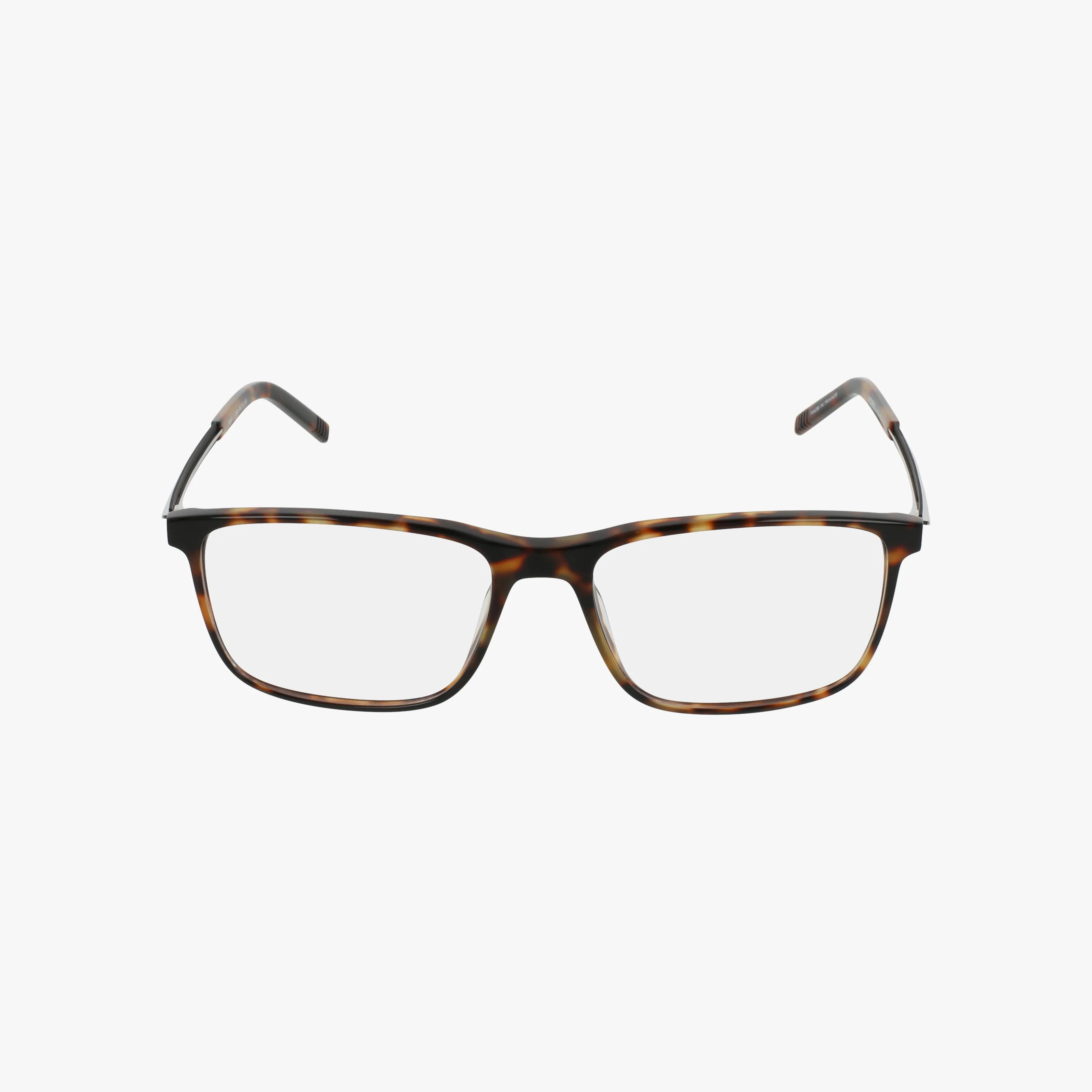 The BLAZE 2 rectangular eyeglasses feature a stylish tortoiseshell frame and Transitions lenses, displayed against a plain white background.