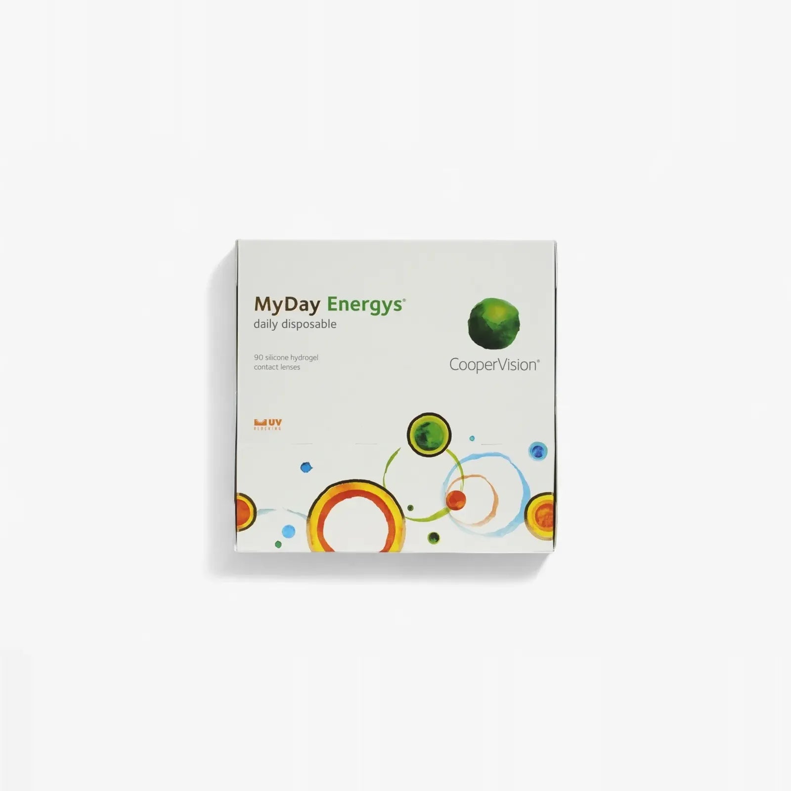 A box of Myday Energys 1-Day 90 Pk daily contact lenses features colorful circular designs and branding on a white background, with advanced DigitalBoost technology.