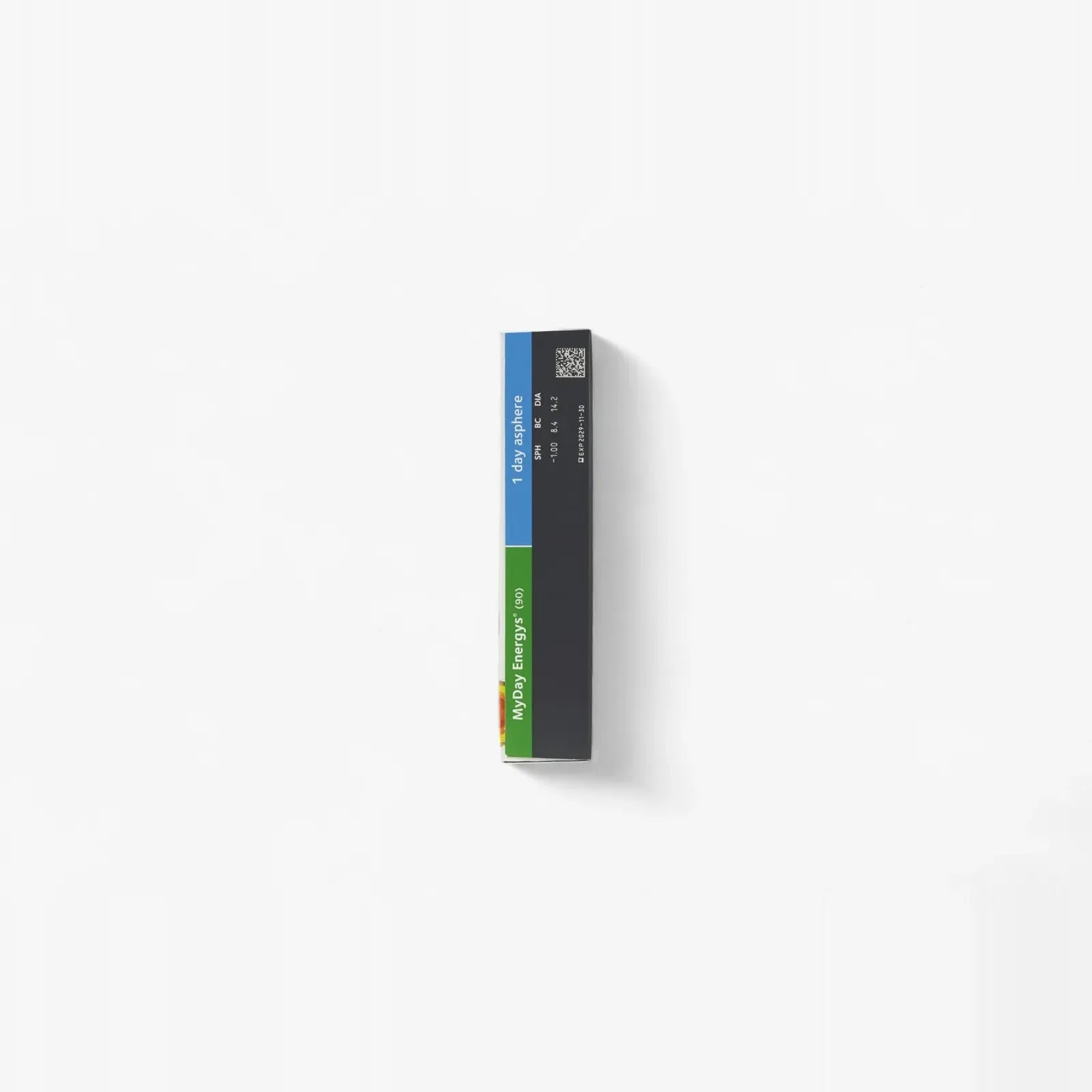 A rectangular box labeled Myday Energys 1-Day 90 Pk with blue, green, and black sections is displayed vertically on a plain white background—ideal for customers buying contacts online who want to clearly see product details.