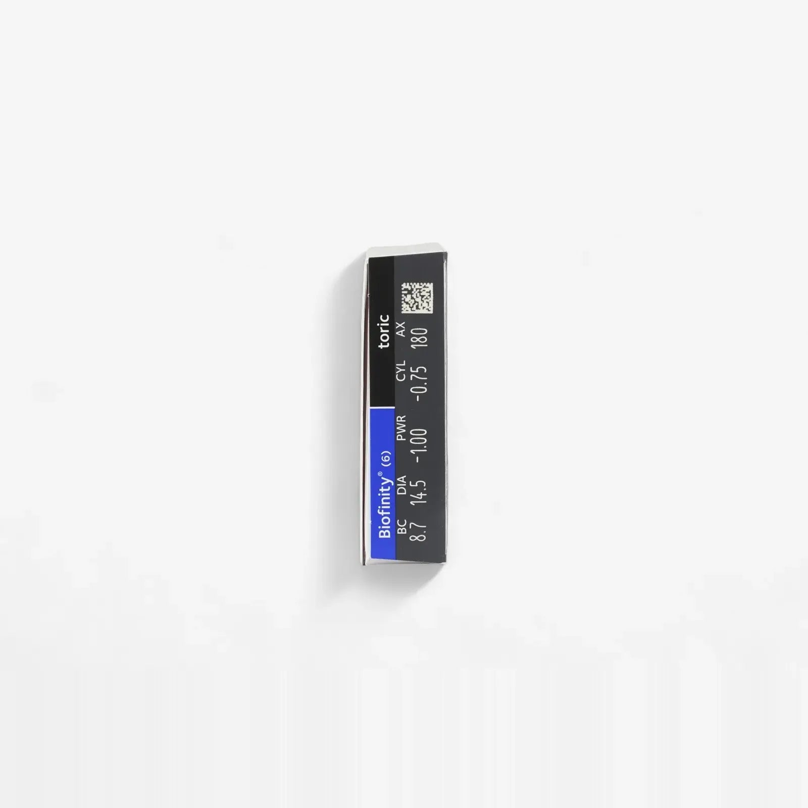 A single rectangular box labeled Biofinity Toric - 6 Pk, featuring prescription details and a barcode, is displayed vertically against a plain white background.