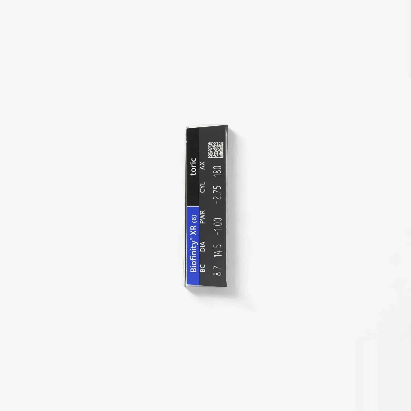 A single diabetes test strip is displayed on a plain white background, labeled “Biofinity Toric XR - 6 Pk” to emphasize its association with toric contact lenses and advanced Aquaform Technology.