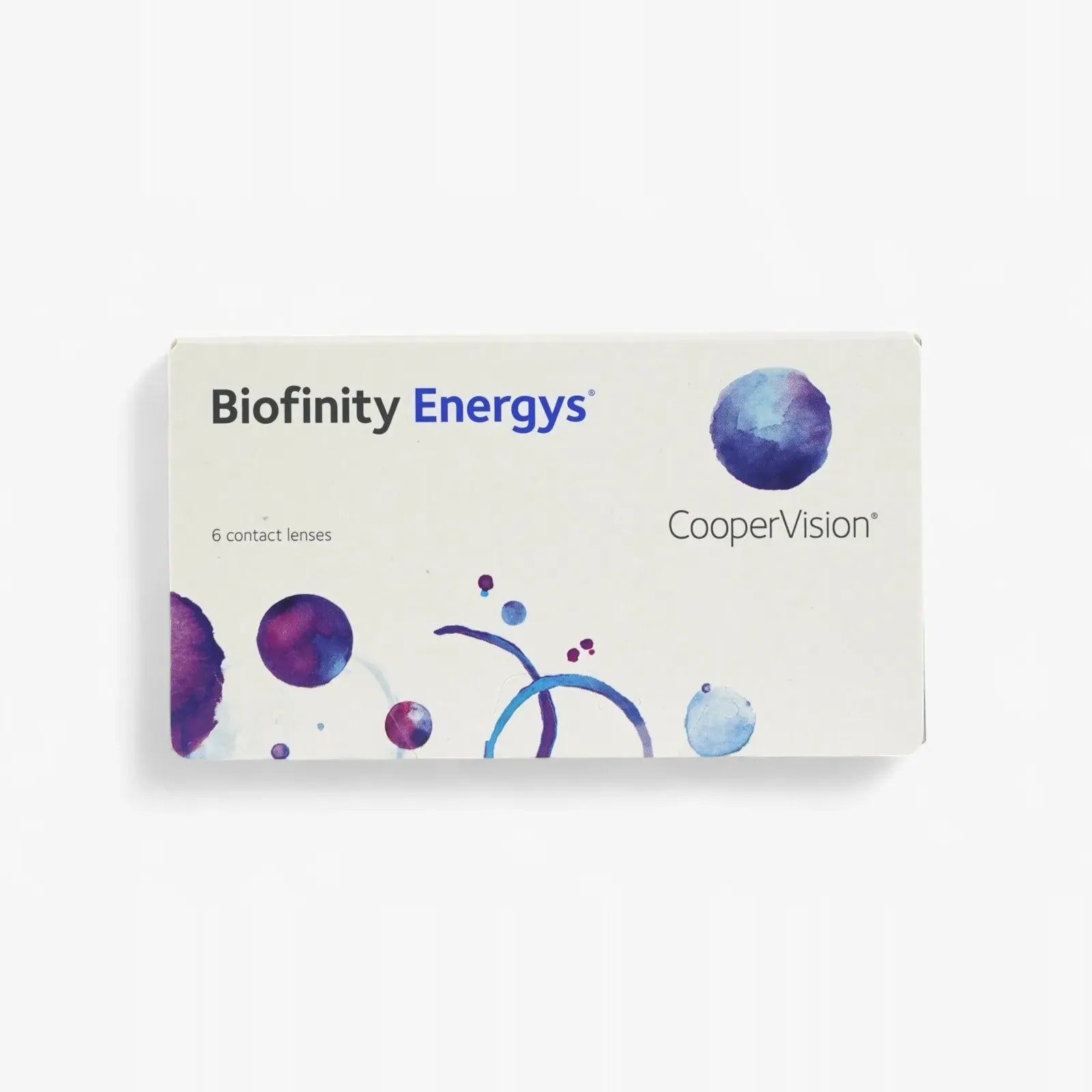 A box of Biofinity Energys - 6 Pk by CooperVision, designed to reduce digital eye strain, with a white background, blue and purple watercolor circles, and 6 contact lenses text on the front.
