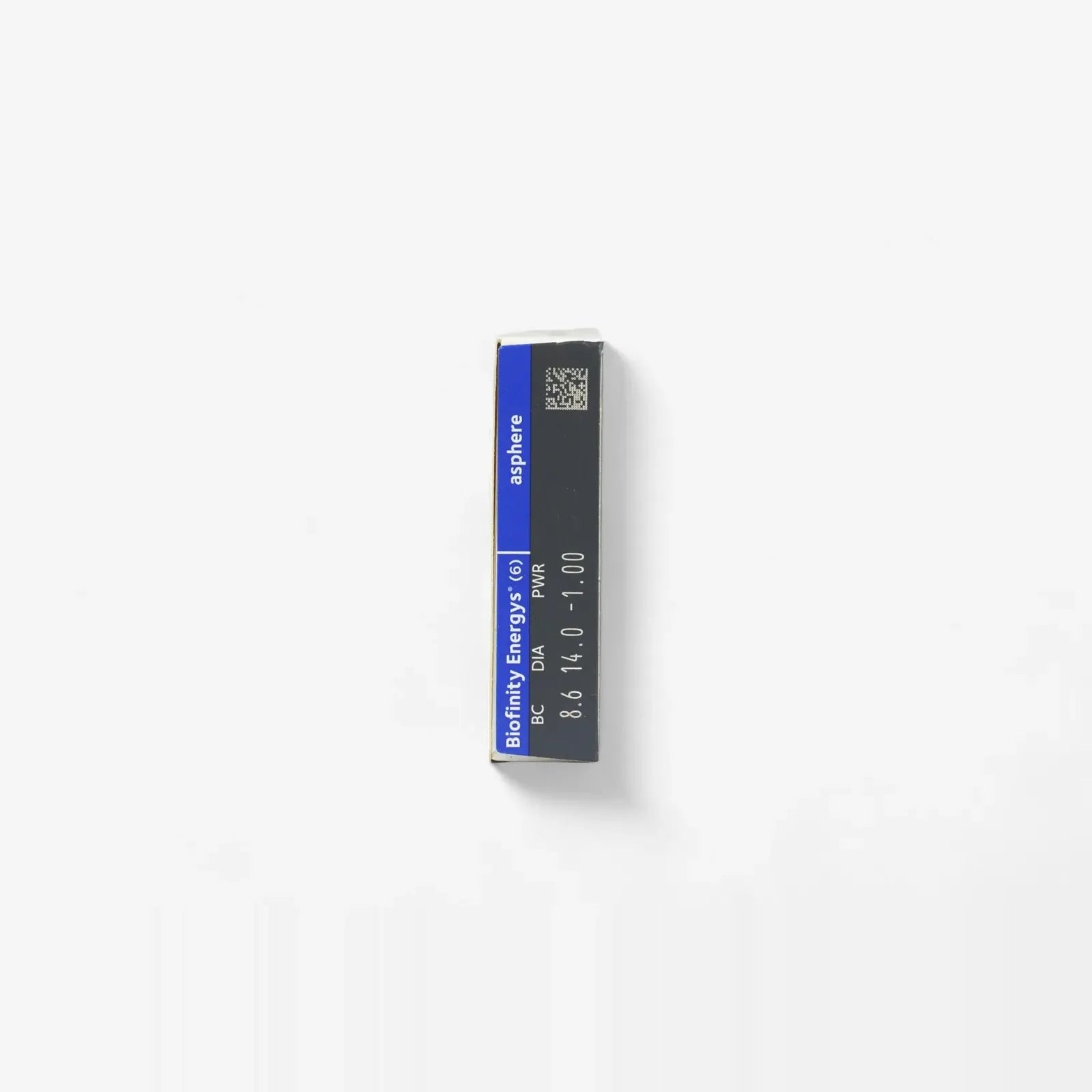 A rectangular insulin pen cartridge labeled BioNtech Energy 100 with dosage markings and a blue and black label is placed on a white background next to Biofinity Energys - 6 Pk contact lenses for reducing digital eye strain.