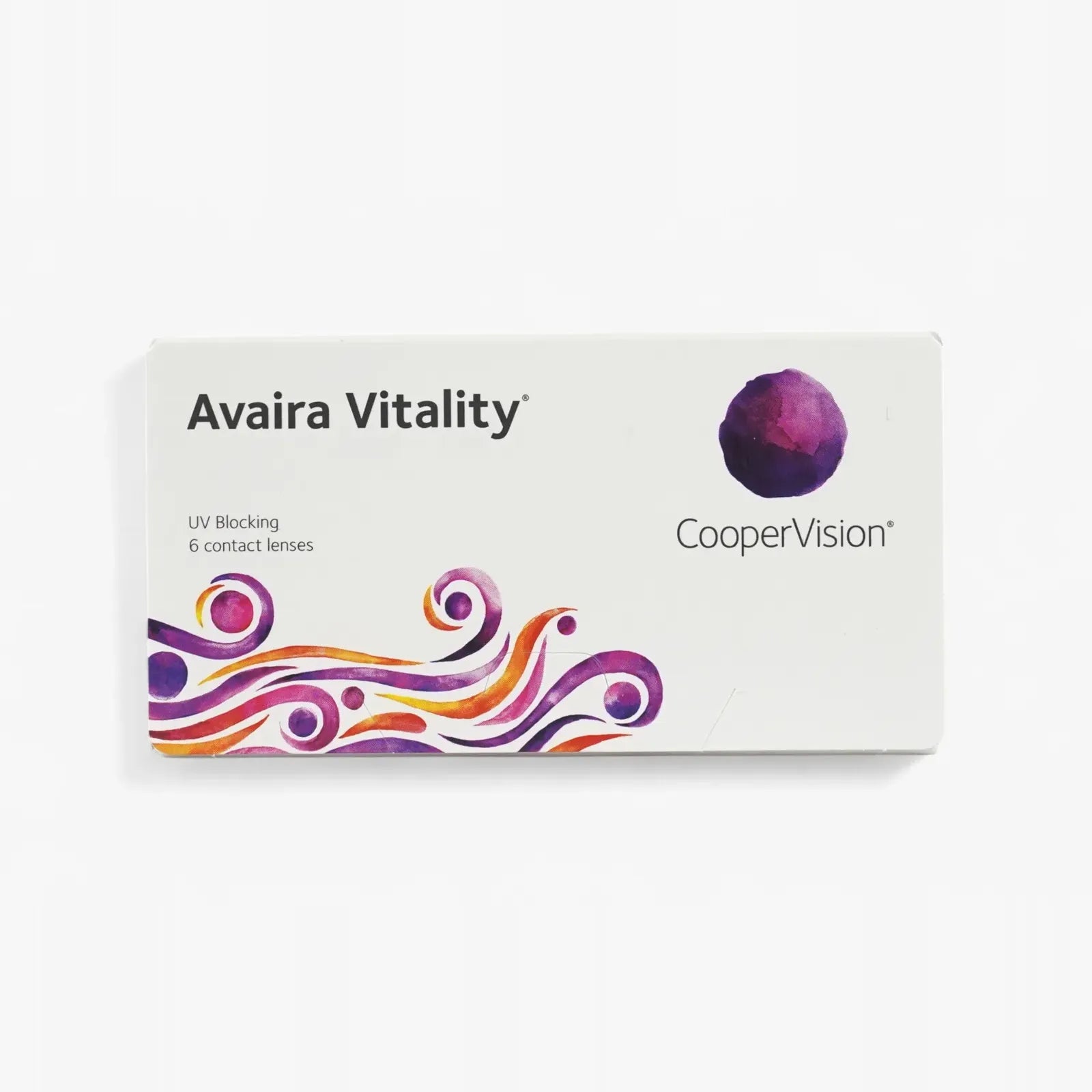 A box of Avaira Vitality 6-Pk silicone hydrogel contact lenses by CooperVision, with a purple sphere logo, colorful swirls at the bottom, UV blocking feature, and contains 6 lenses.
