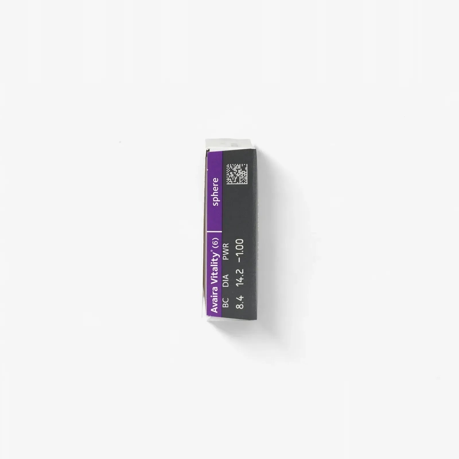 A rectangular box of Avaira Vitality 6-Pk silicone hydrogel contact lenses with a purple and black label is photographed against a plain white background.