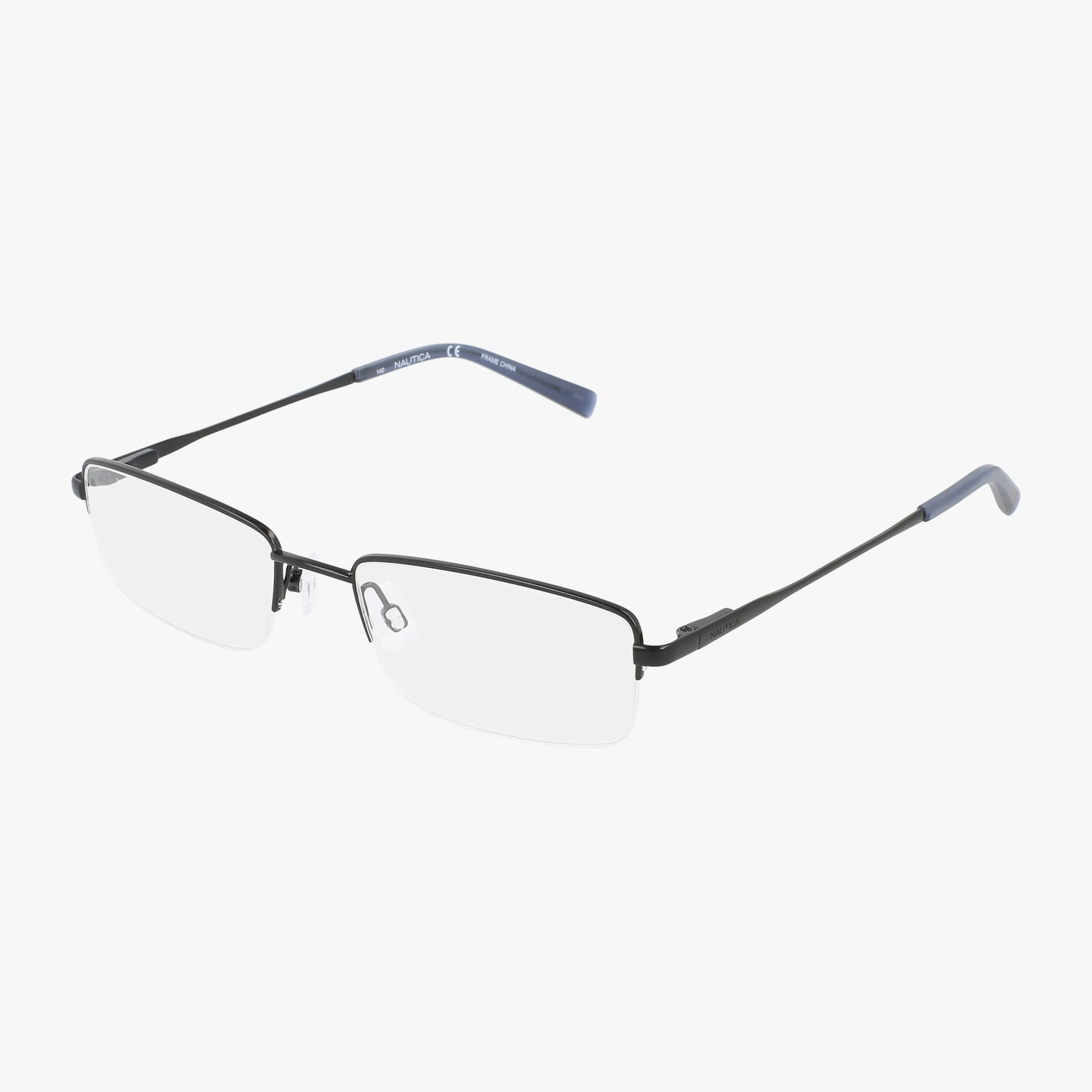 The N7299 is a pair of rectangular, rimless eyeglasses with thin black metal arms and blue-accented temple tips, featuring a modern frame and prescription lenses, shown on a white background.