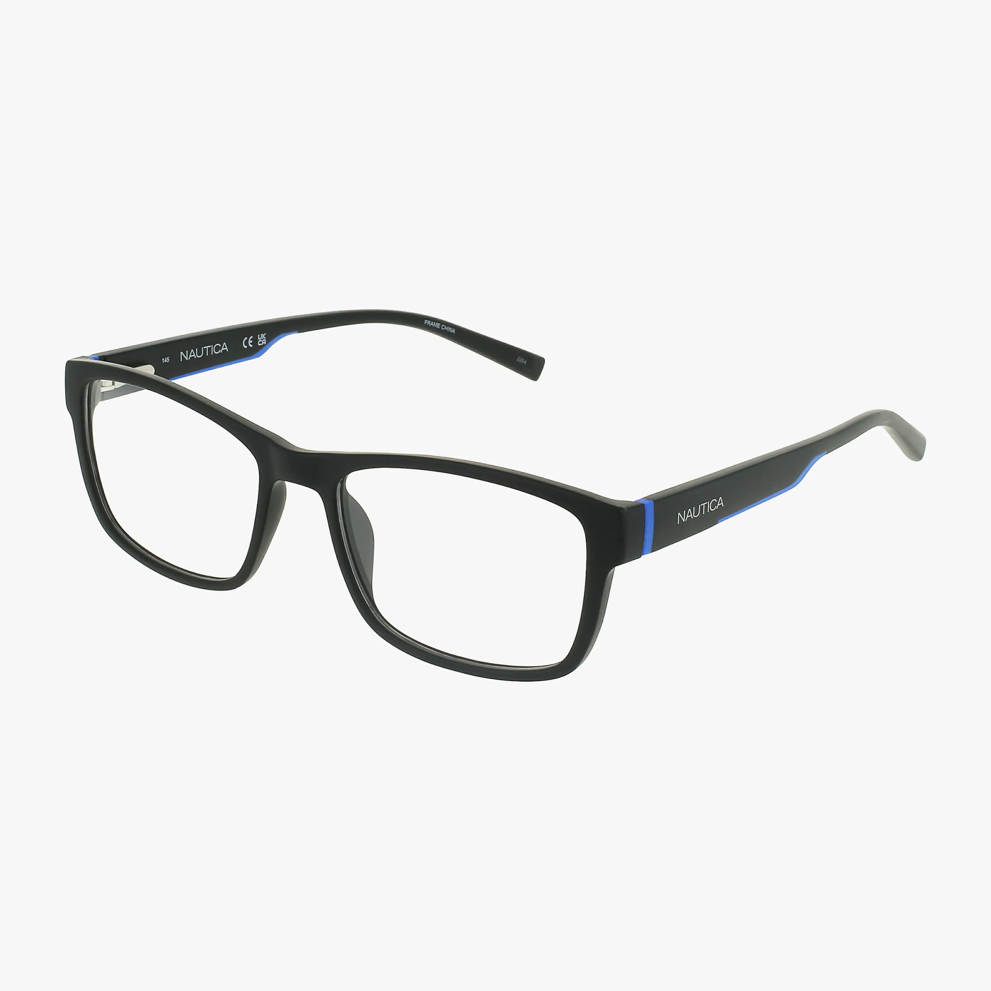 The Nautica N8175 eyeglasses feature a black rectangular frame with clear lenses and subtle blue temple accents, combining timeless design with a modern touch. The Nautica branding is visible on the arms. Displayed on a white background.
