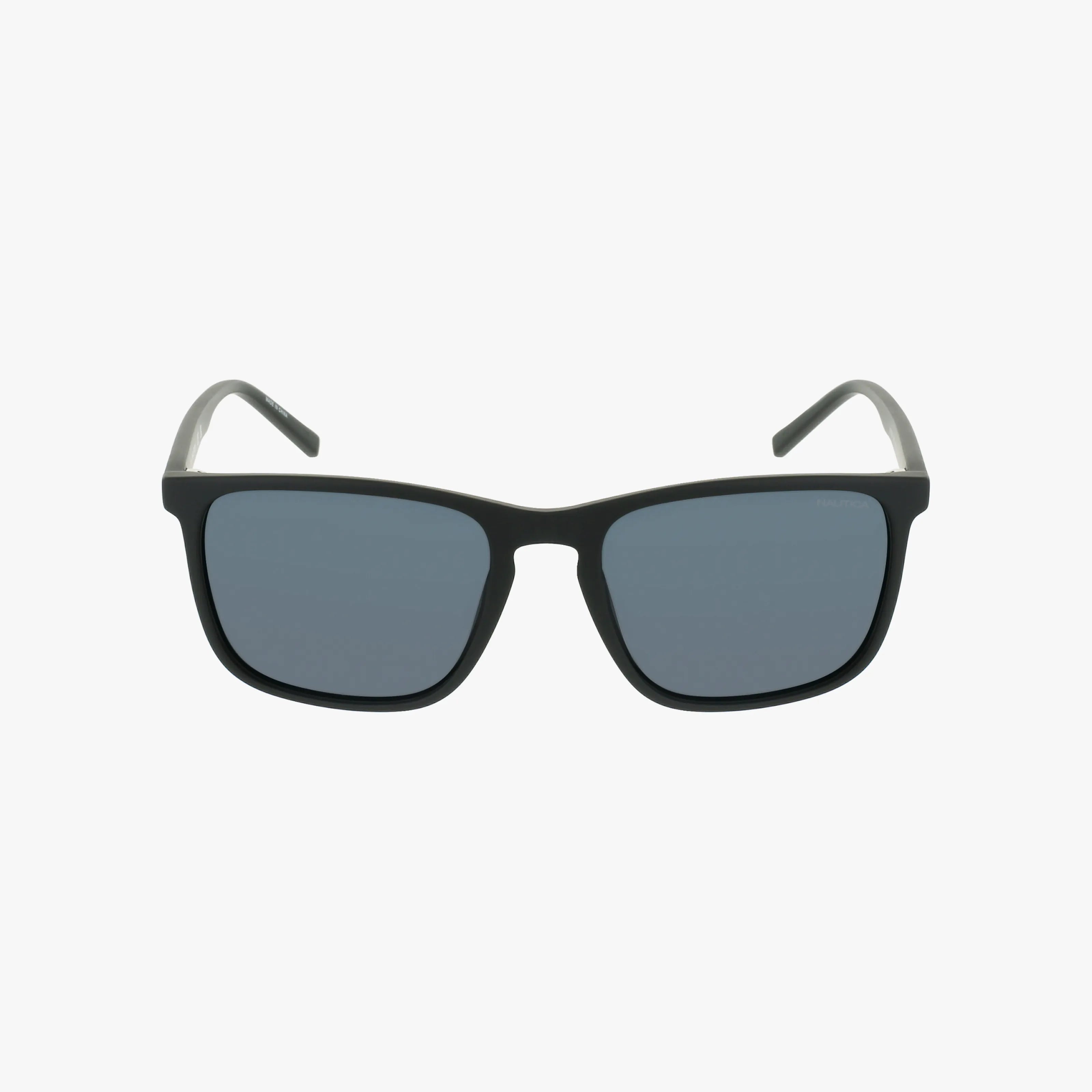 The Nautica N6255S sunglasses feature a black rectangular frame, dark tinted lenses, and slightly curved arms, shown against a plain white background.