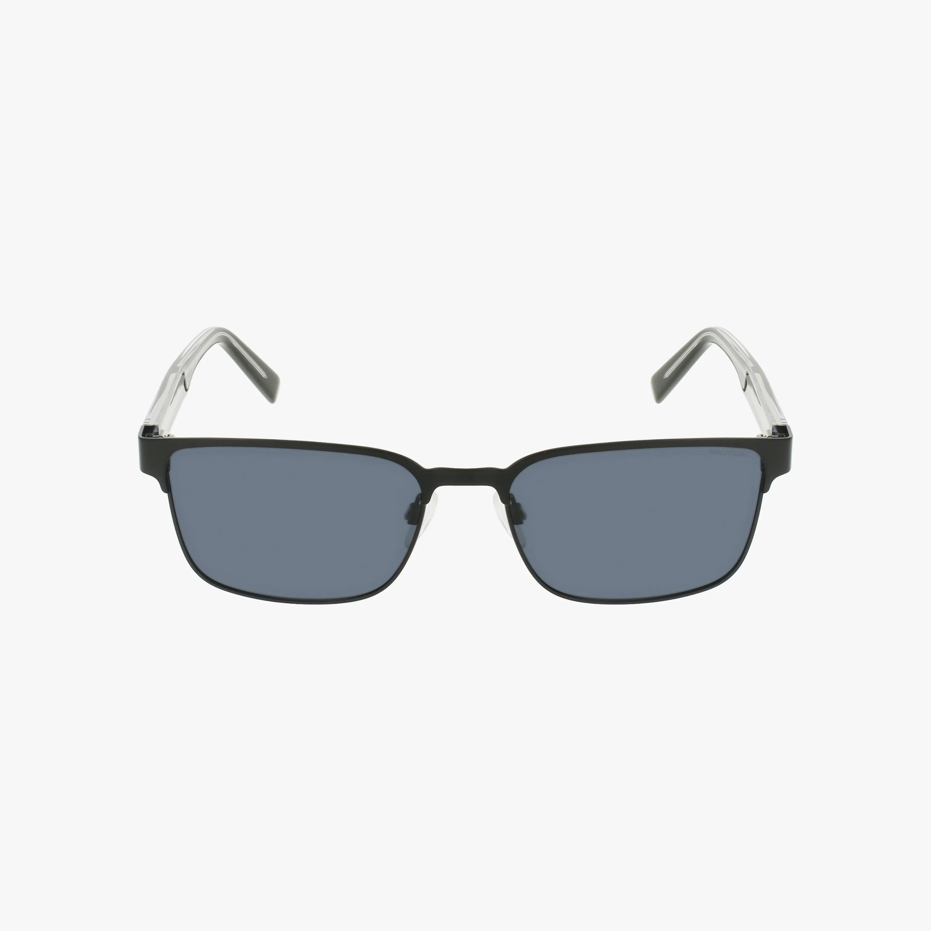 The N5150S sunglasses feature a rectangular shape with black frames, dark gray lenses, and clear temple arms. Offering UV protection, they are displayed against a plain white background.
