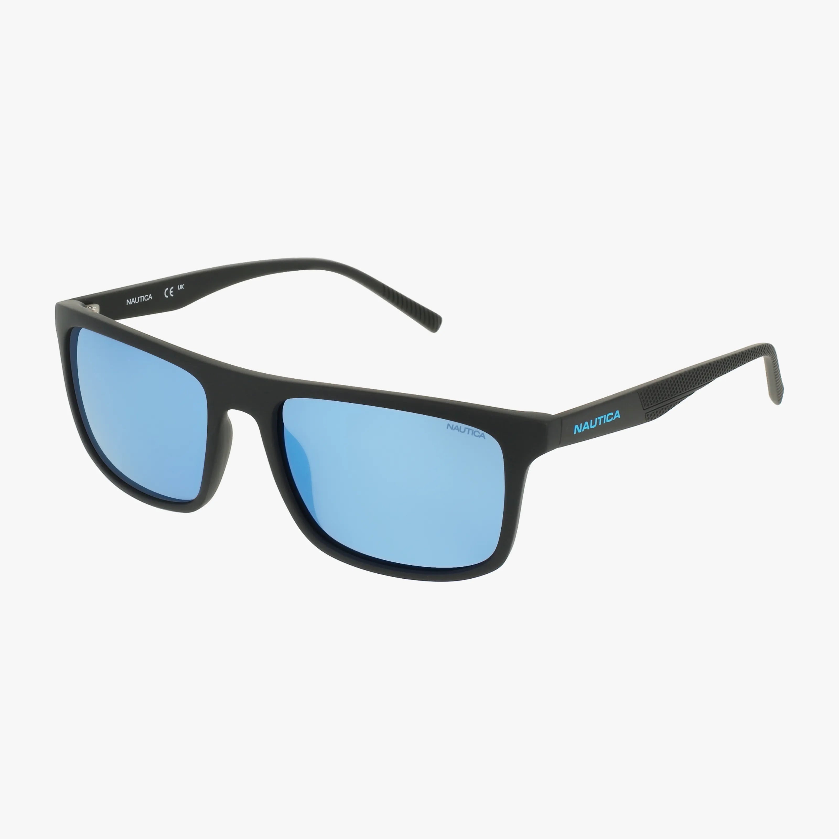 N6258S black rectangular classic sunglasses with blue-tinted lenses, a white and blue Nautica logo on the temple, and a lightweight frame for comfort, shown on a plain white background.