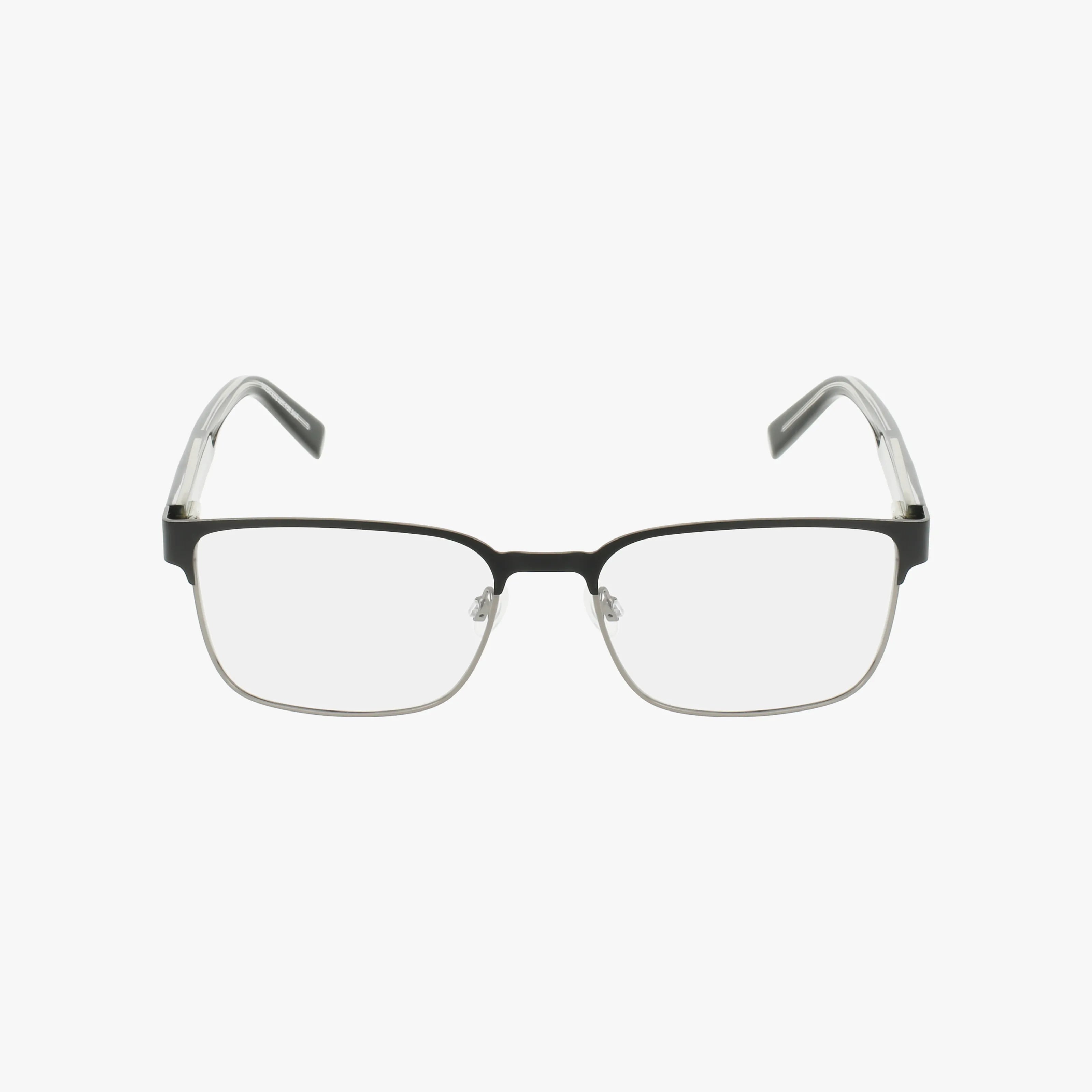 The Nautica N7340 eyewear features a rectangular shape with black upper rims, silver lower rims, clear nose pads, and transparent temple arms for a timeless look, shown against a white background.