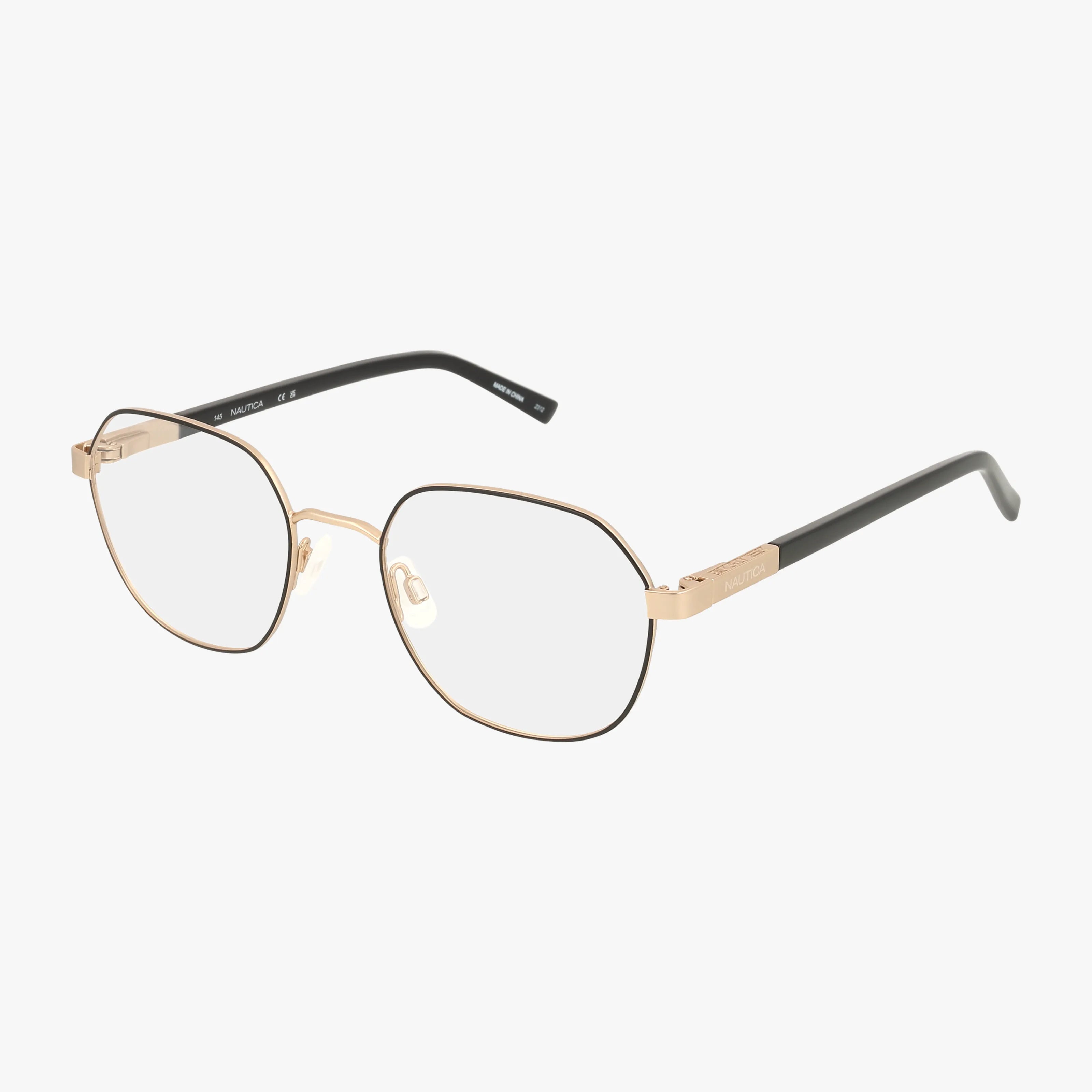 The N7342 eyeglasses feature a lightweight gold metal frame, thin geometric lenses, and black temple arms, displayed on a white background.