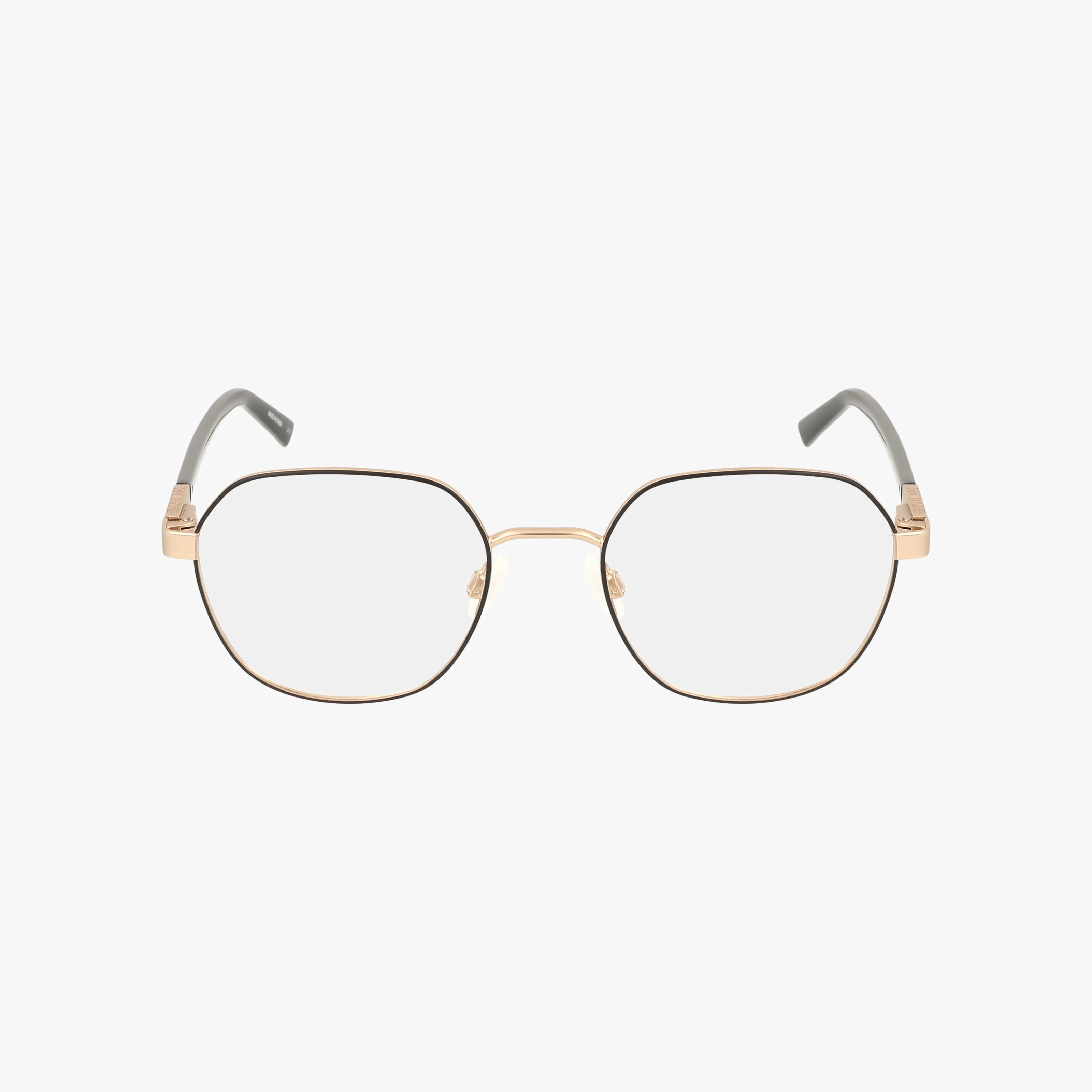 The Nautica N7342 eyewear in gold and black features a lightweight metal frame, thin rounded square shape, clear lenses, and gray temple tips—style meets vision benefits on a white background.