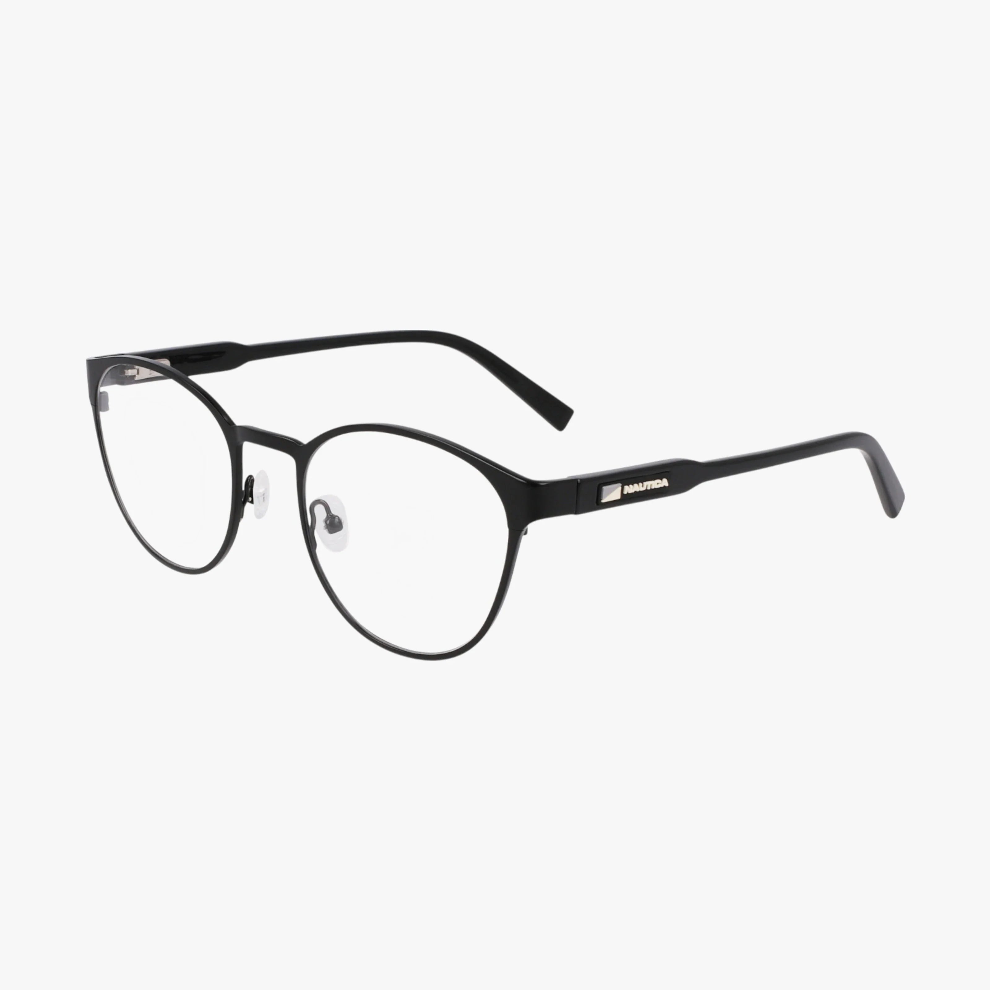 The N7345 features black round eyeglasses with a contemporary thin metal frame, clear lenses, adjustable nose pads, and gently curved temple arms, displayed on a white background.