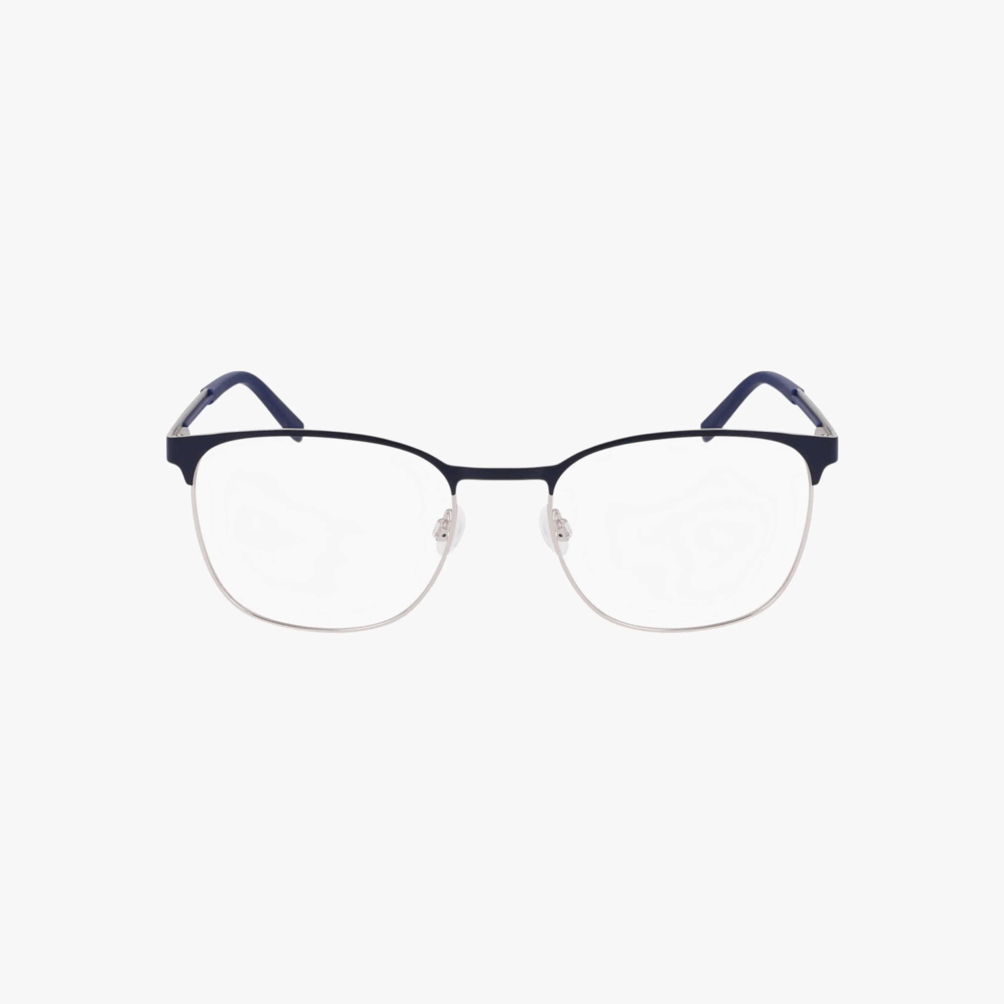 The N7343 eyeglasses feature prescription-ready clear lenses, thin silver rims, black upper frames, and dark blue temple arms, presented against a plain white background.