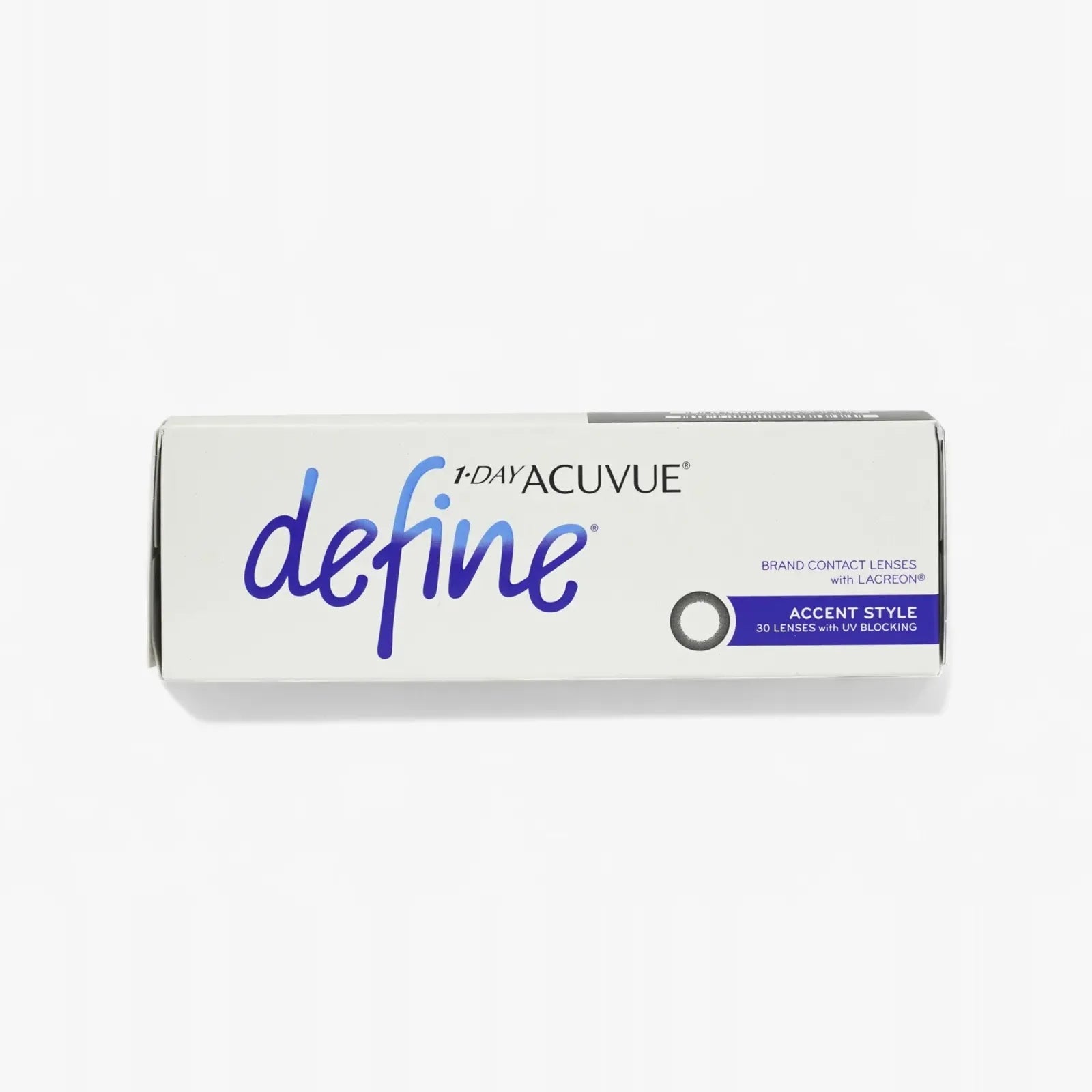 A 30-pack box of 1 Day Acuvue Define daily contacts in Accent Style with Lacreon. The mostly white packaging features blue and black text plus a small contact lens illustration on the right.
