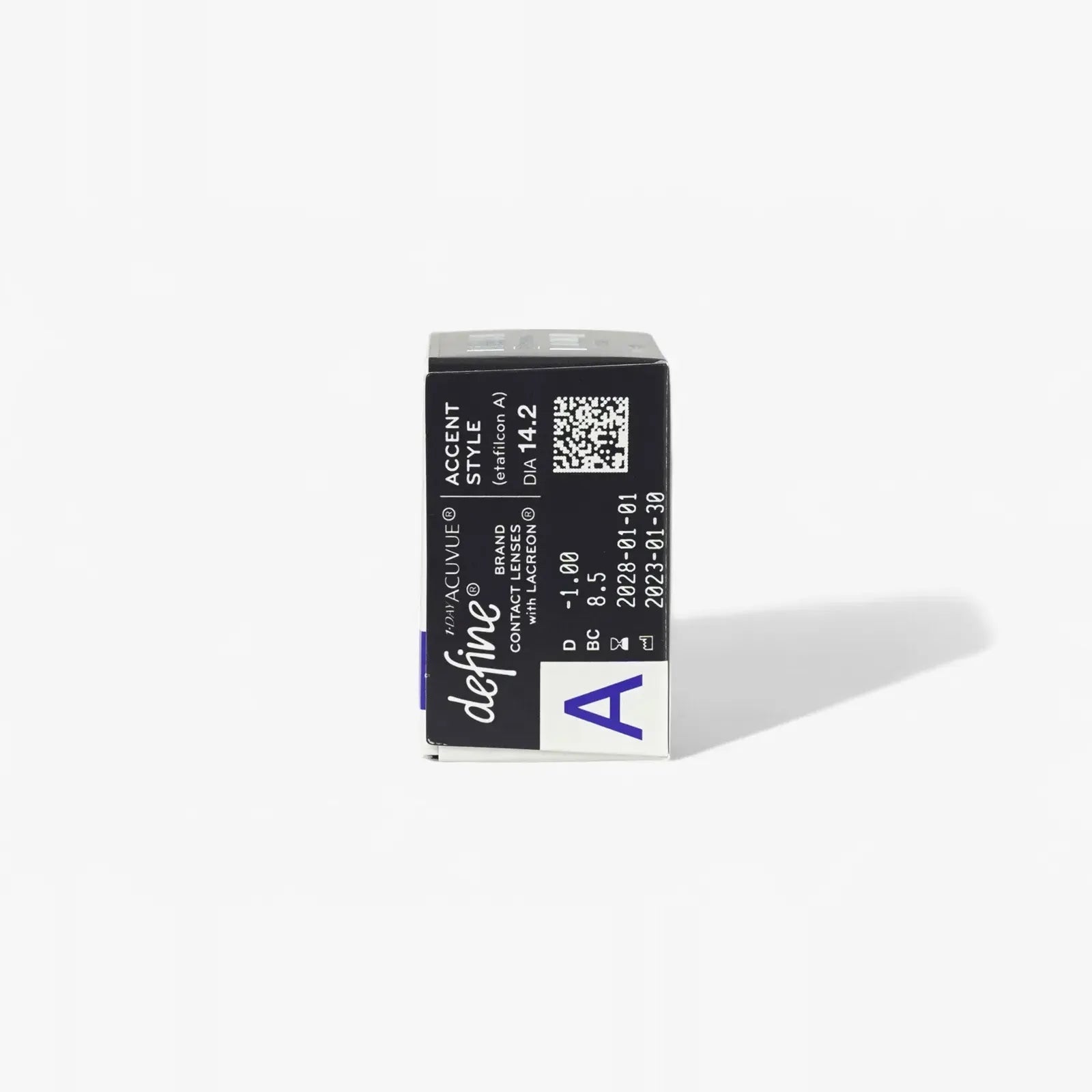 A box of 1 Day Acuvue Define 30 Pk daily contacts features various printed details—including a QR code, manufacturing and expiration dates, and a prominent letter A—on a white background with shadow. Ideal for enhancing your contact lens experience.