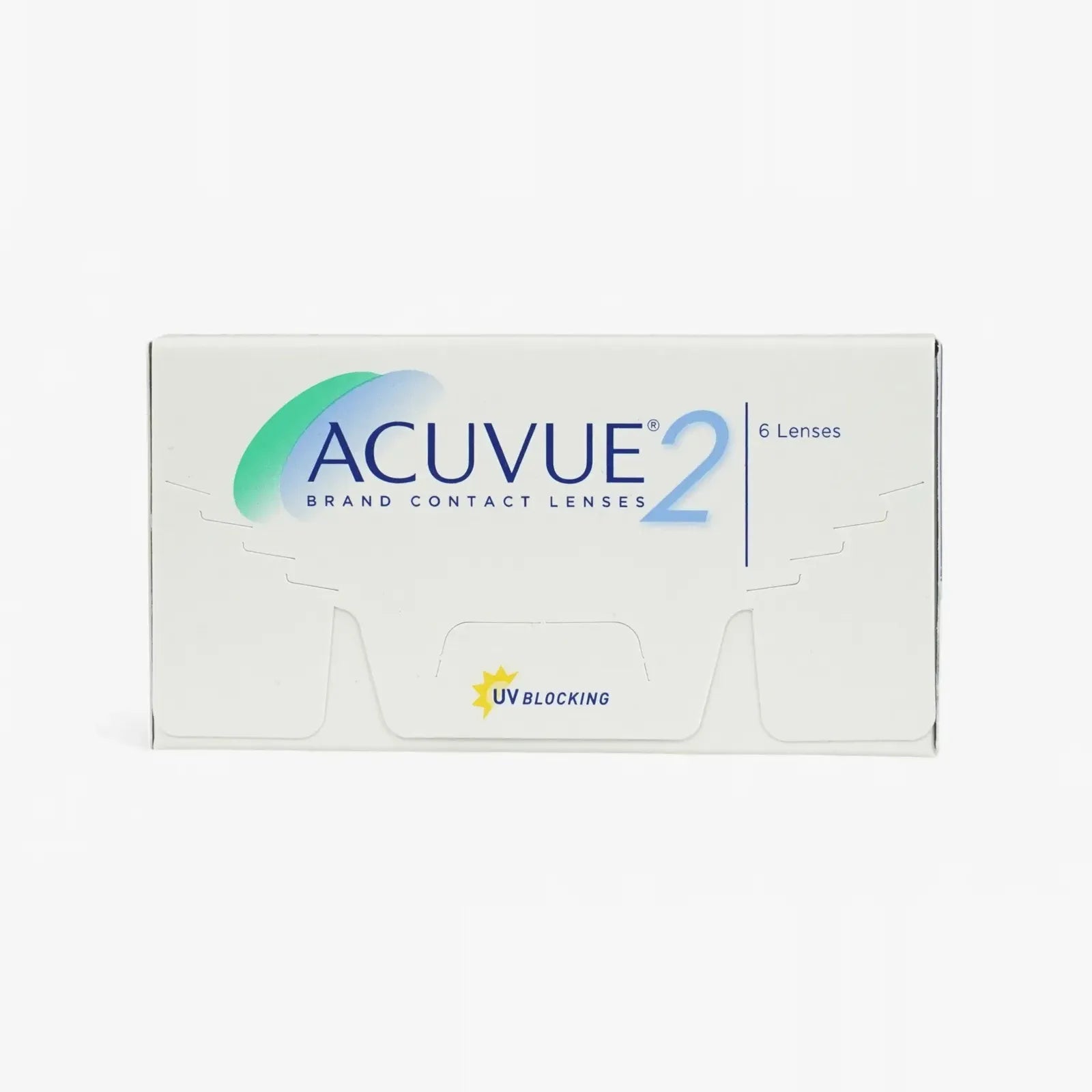 A white box of Acuvue 2 - 6 Pk bi-weekly lenses, featuring blue and green accents and labeled “6 lenses” and “UV blocking”—ideal for anyone buying contacts online.