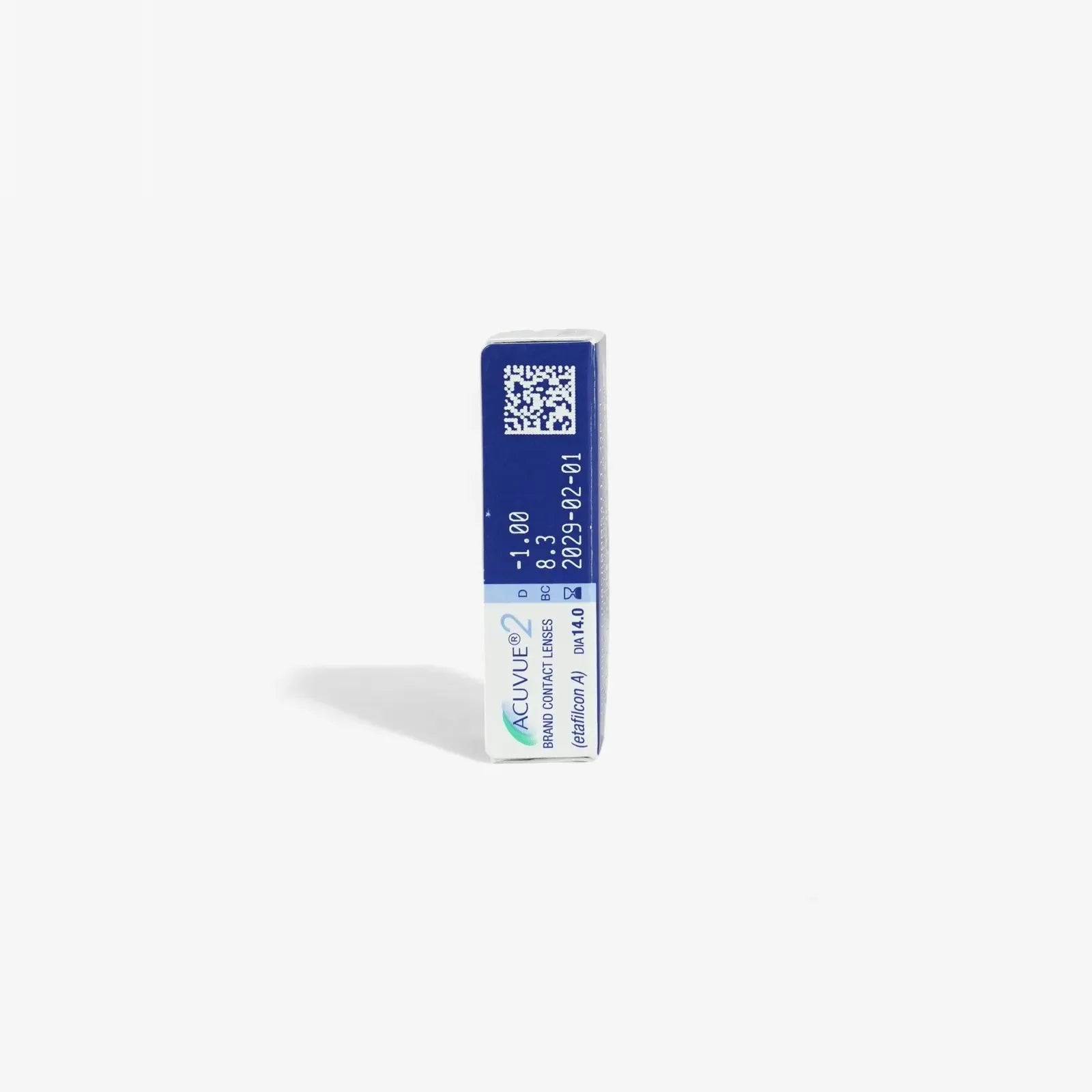 A single blue and white rectangular contact lens box labeled Acuvue 2 - 6 Pk, containing bi-weekly lenses, stands upright on a plain white background.