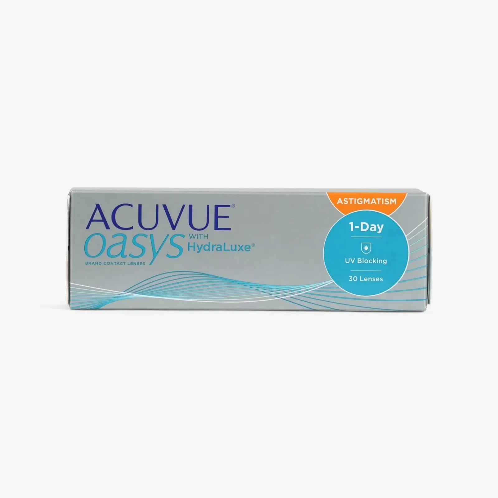 A box of Oasys 1 Day Astig 30Pk Plus Power + contact lenses features UV blocking, HydraLuxe Technology, and includes 30 daily disposable lenses for astigmatism.