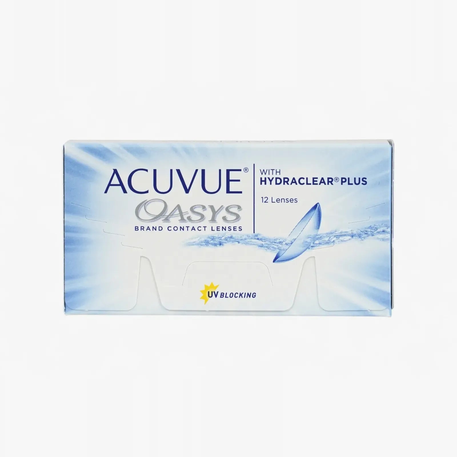 The Oasys - 12 Pk contact lenses feature a blue and white box with a UV blocking label, containing 12 lenses—ideal for anyone wanting to buy contacts online.