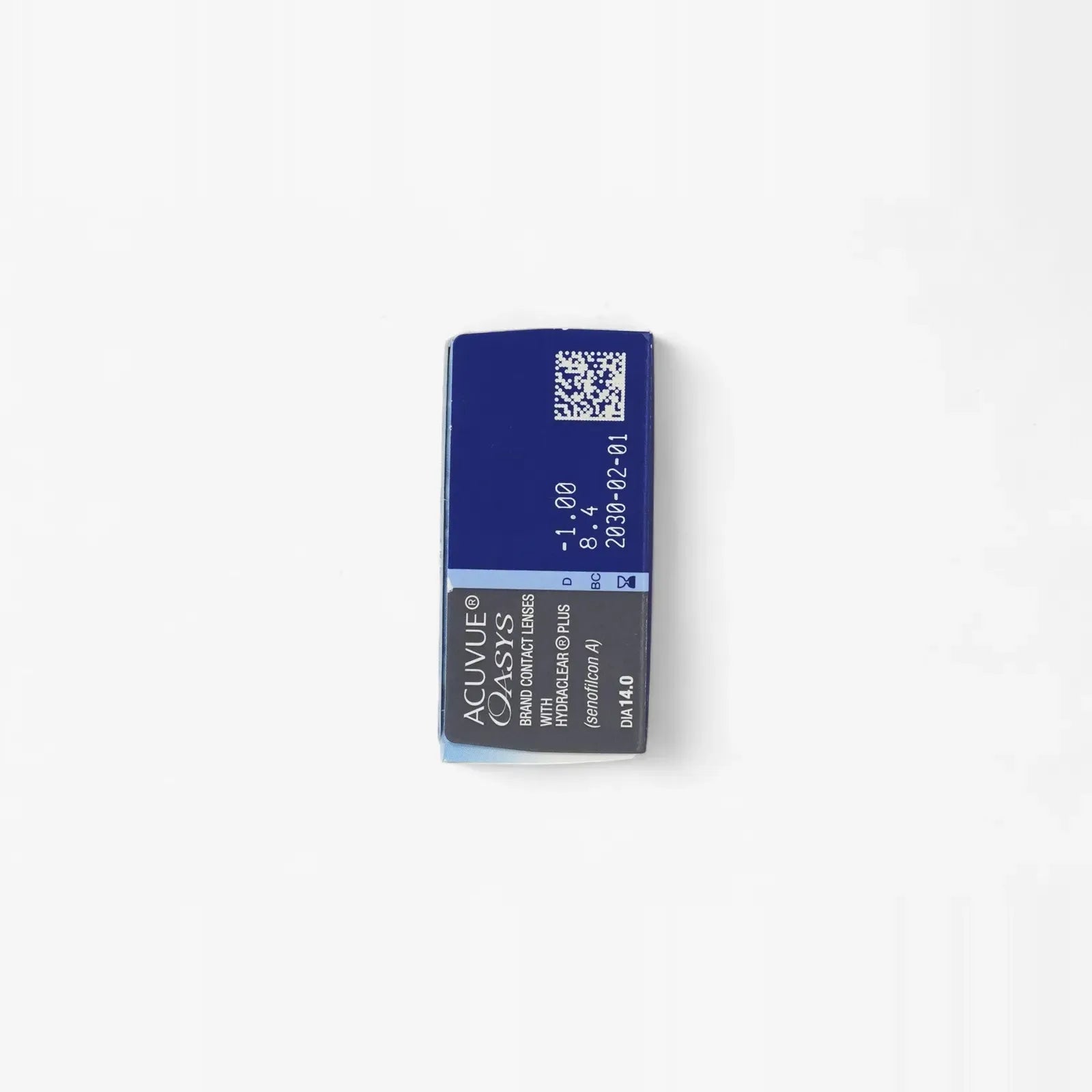 A single blue and gray Oasys - 12 Pk contact lens blister pack with a QR code, prescription details, and expiry date is displayed on a plain white background—ideal for anyone buying contacts online.