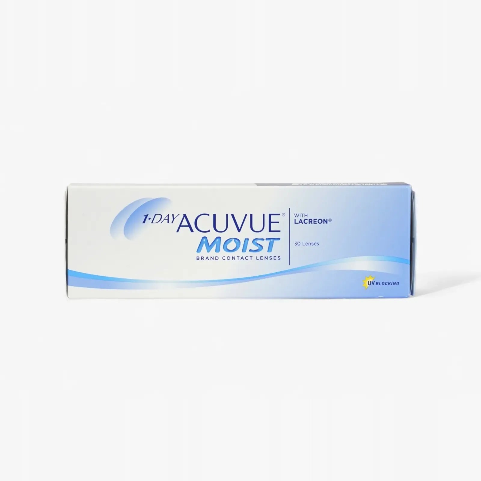 1 Day Acuvue Moist - 30 Pk: Daily contact lenses with blue and white packaging, LACREON technology, and 30 lenses per box—perfect for buying contacts online.