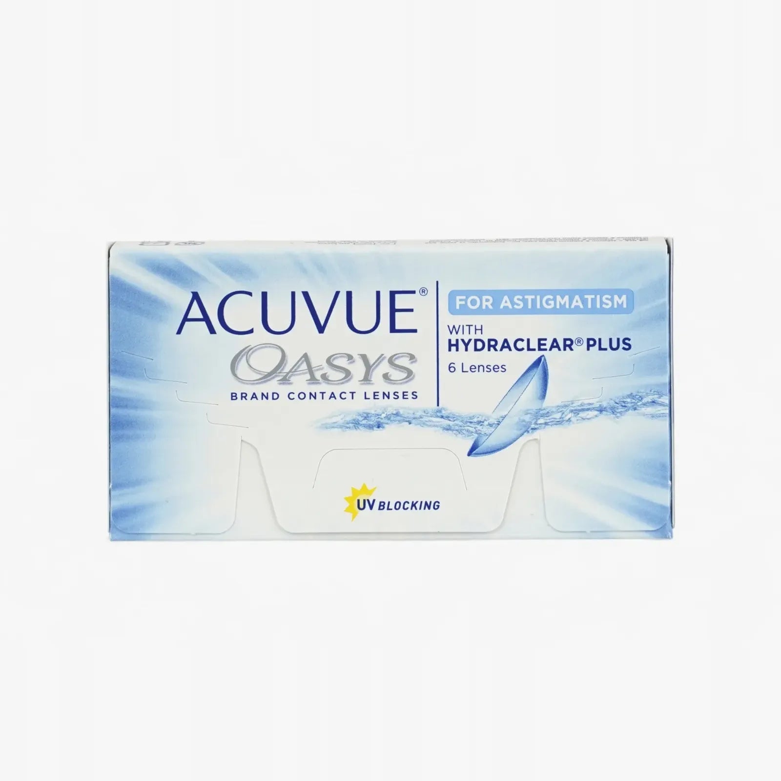 A box of Oasys For Astigmatism - 6 Pk contact lenses features HydraLuxe Technology, UV blocking, blue and white packaging with a water splash design, and contains 6 lenses per box.