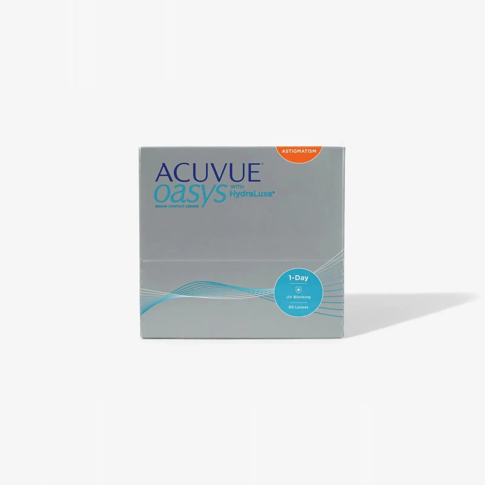 A 90-pack box of Oasys 1 Day For Astigmatism contact lenses, daily disposables with HydraLuxe Technology, featuring a gray and blue design.