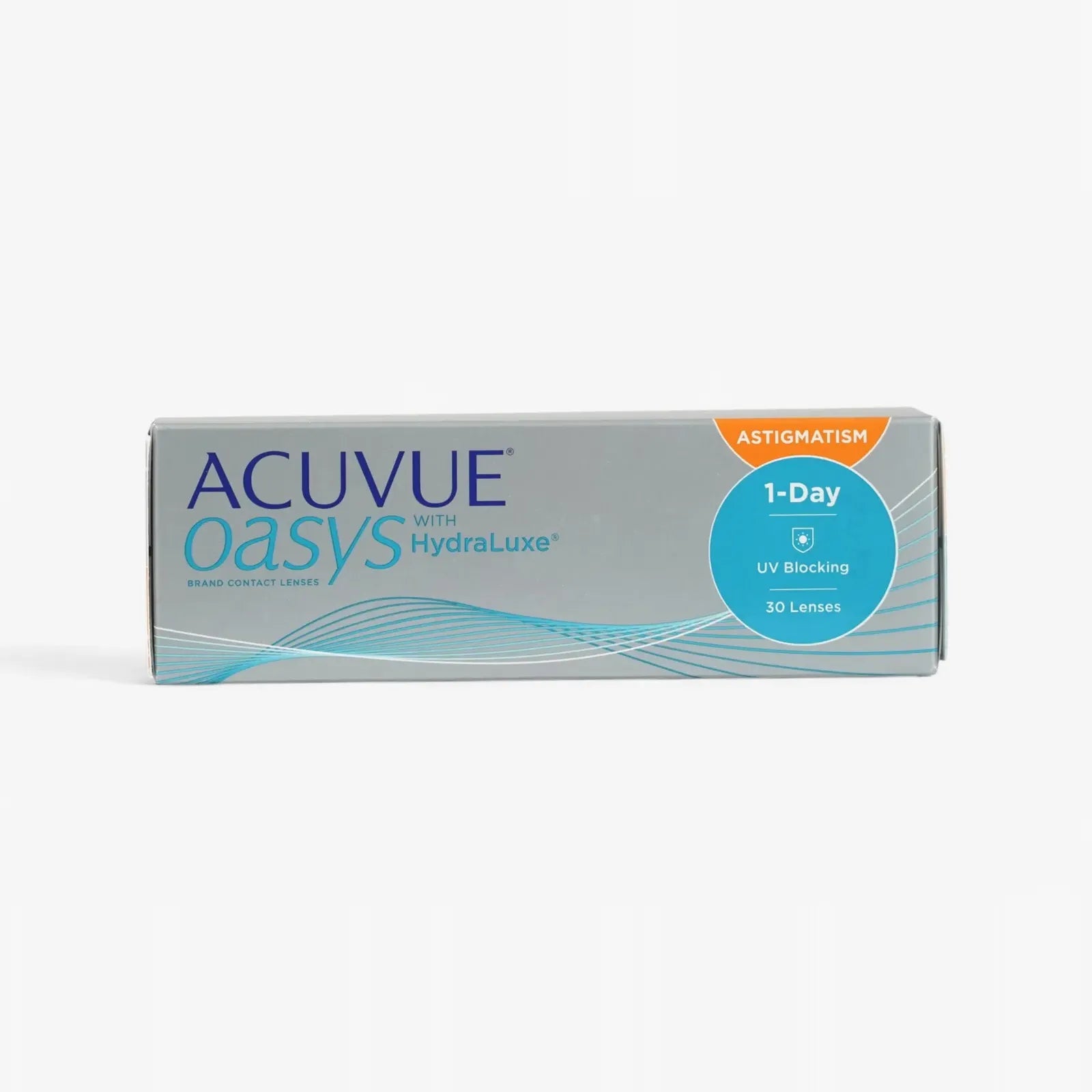 A silver box of Oasys 1Day Astig 30Pk Minus Power contact lenses for astigmatism, featuring HydraLuxe Technology and containing 30 lenses, with blue and orange packaging accents.