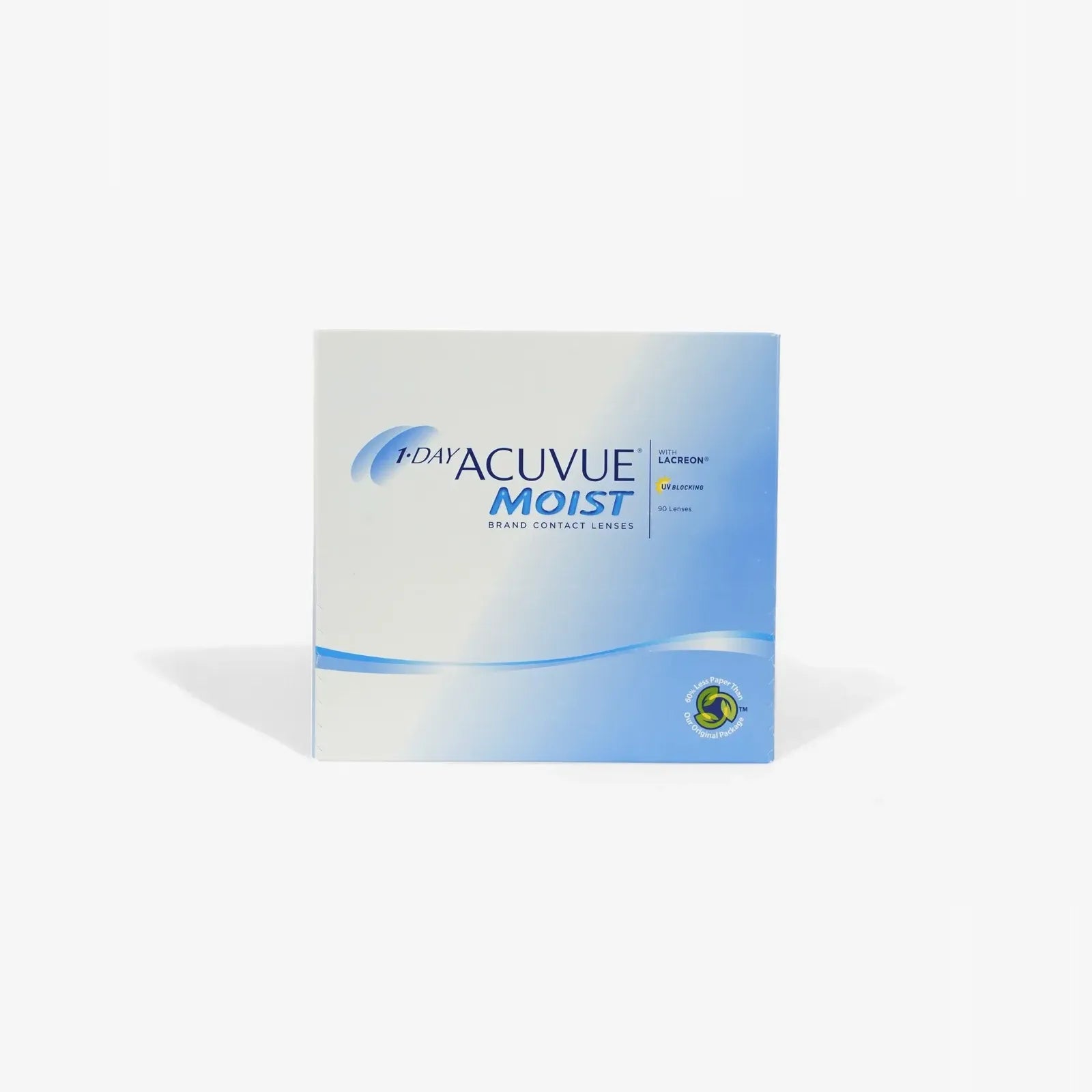 A 90-pack box of 1 Day Acuvue Moist daily contact lenses with a blue and white design, displaying the product name and details on the front.