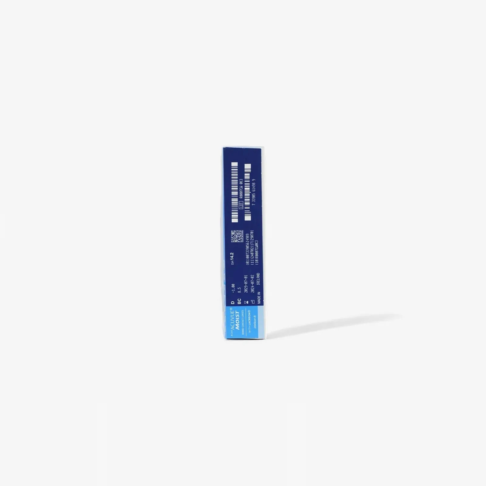A blue and white box of 1 Day Acuvue Moist - 90 Pk daily contact lenses stands upright on a plain white background, casting a faint shadow to the right.